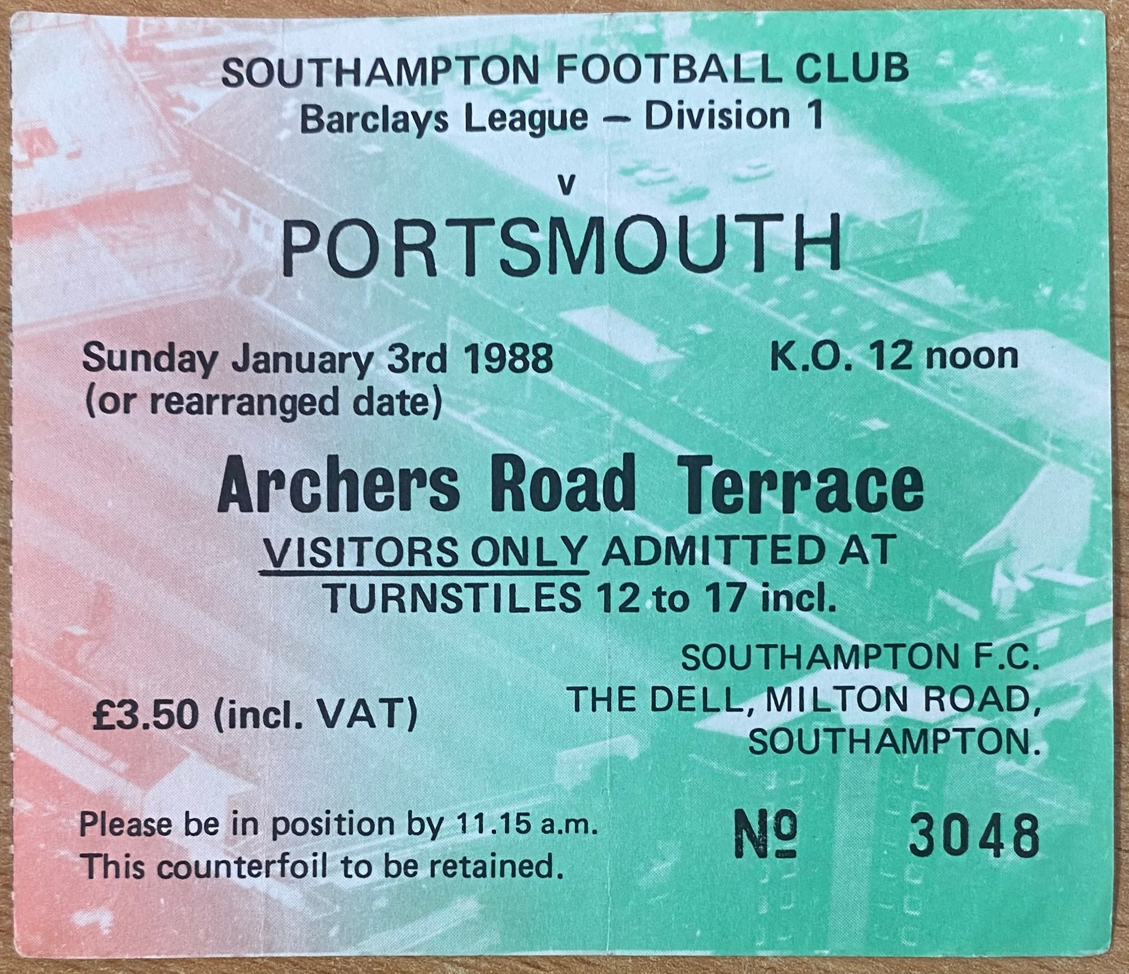 1987/88 ORIGINAL DIVISION ONE TICKET SOUTHAMPTON V PORTSMOUTH