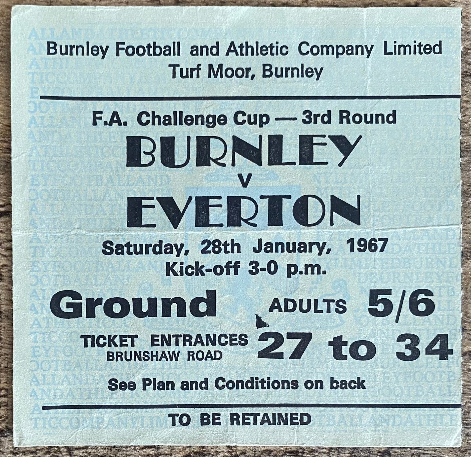 1966/67 ORIGINAL FA CUP 3RD ROUND TICKET BURNLEY V EVERTON