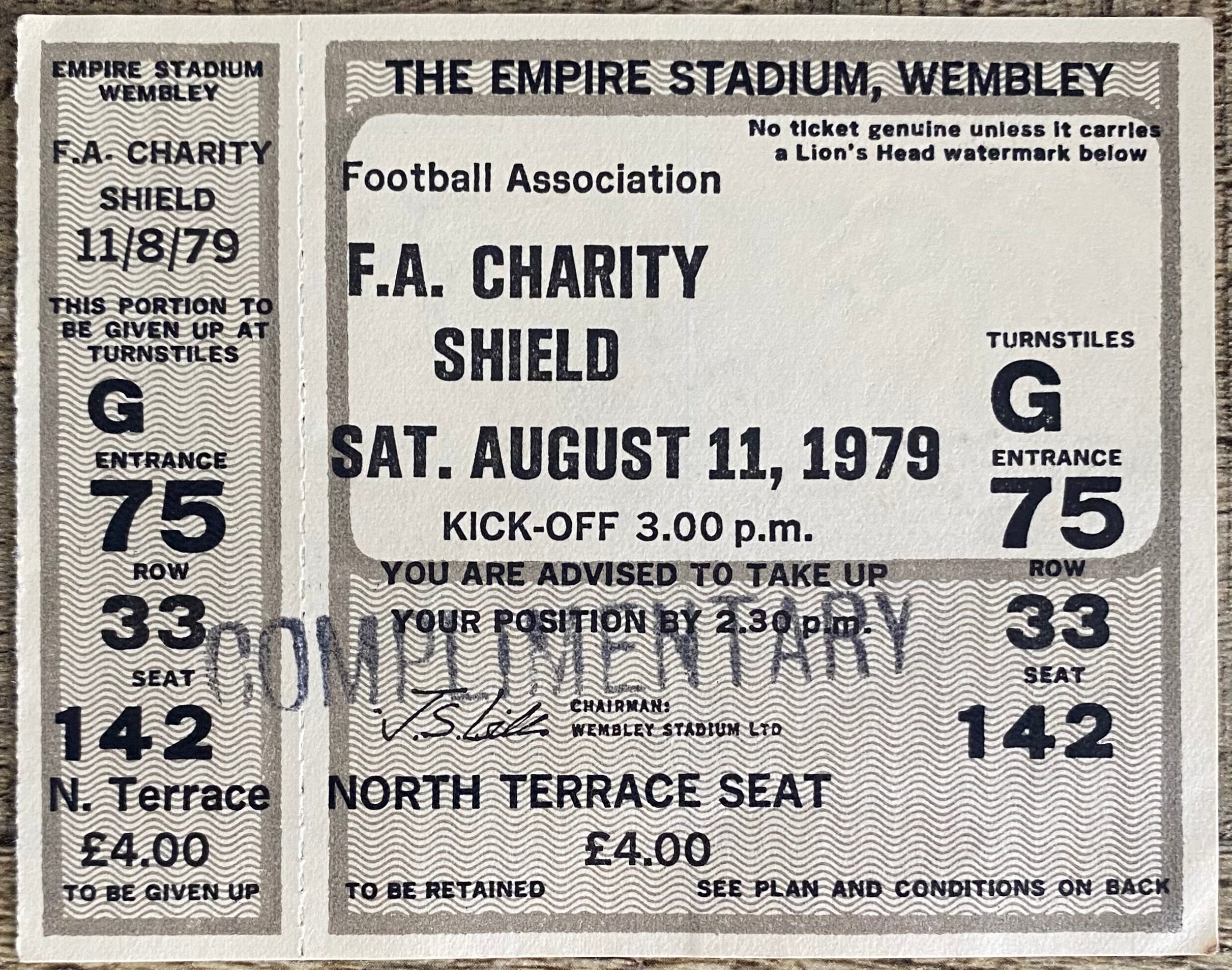 1979 ORIGINAL CHARITY SHIELD UNUSED TICKET LIVERPOOL V ARSENAL