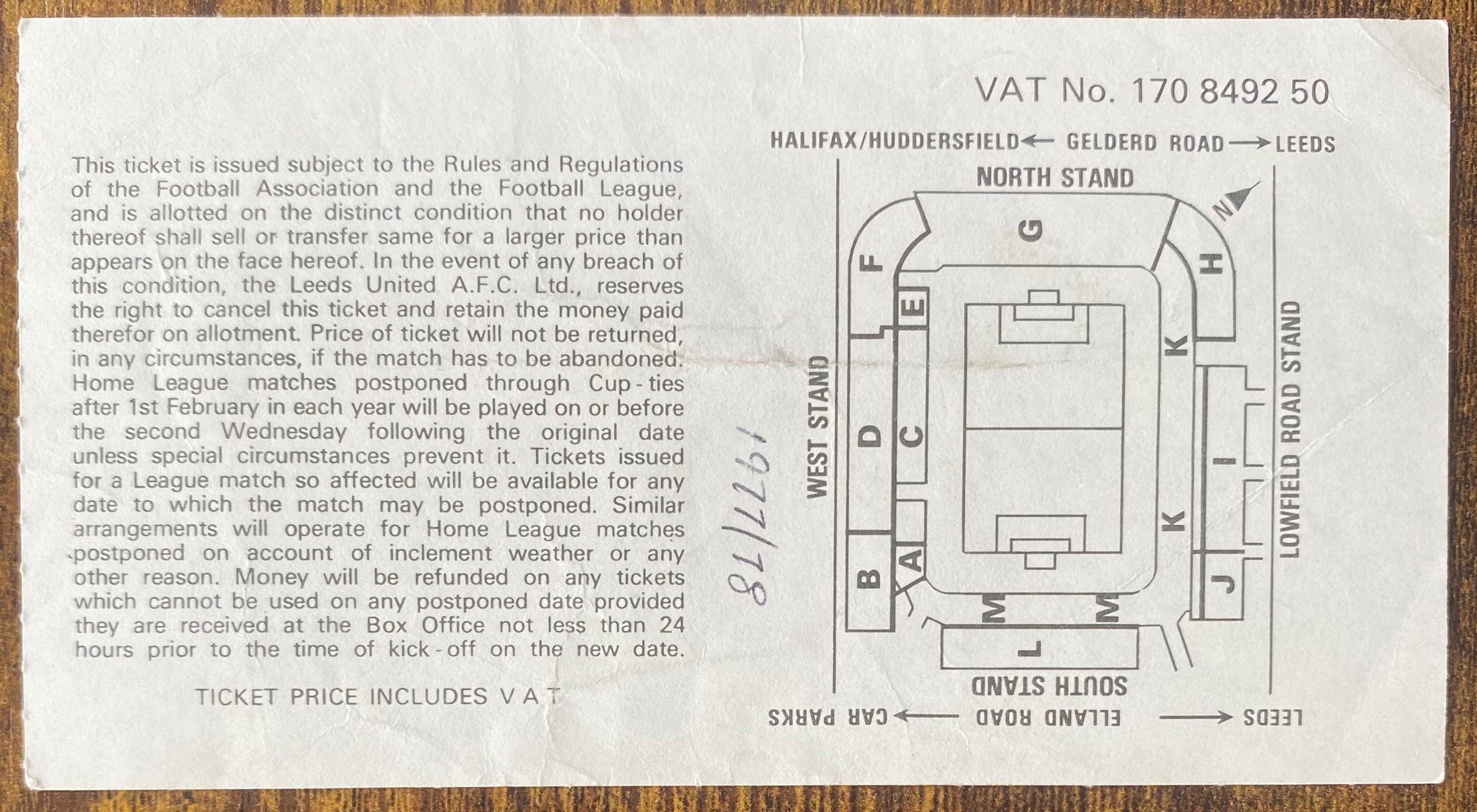 1977/78 ORIGINAL DIVISION ONE TICKET LEEDS UNITED V EVERTON