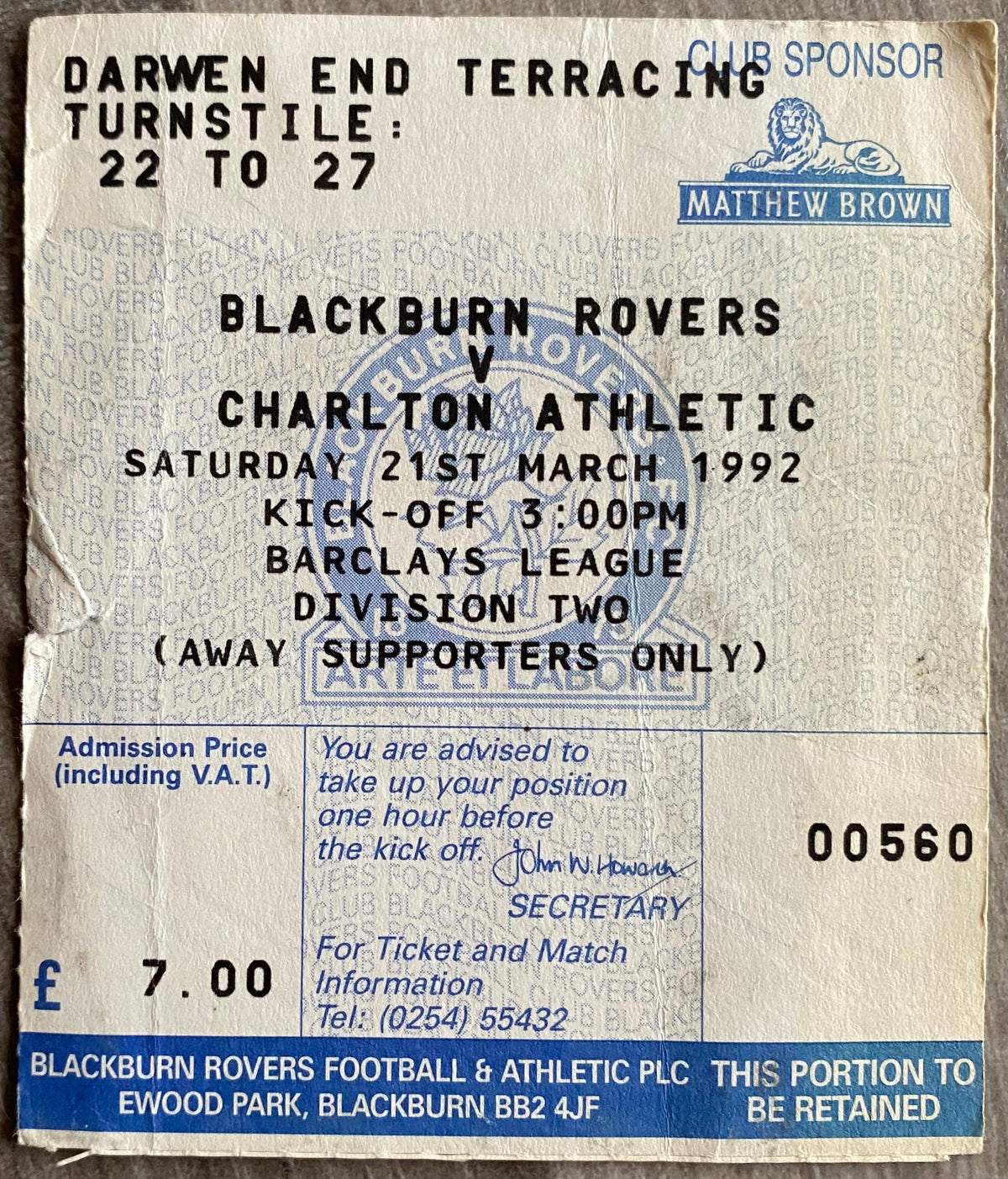 1991/92 ORIGINAL DIVISION 2 TICKET BLACKBURN ROVERS V CHARLTON ATHLETIC