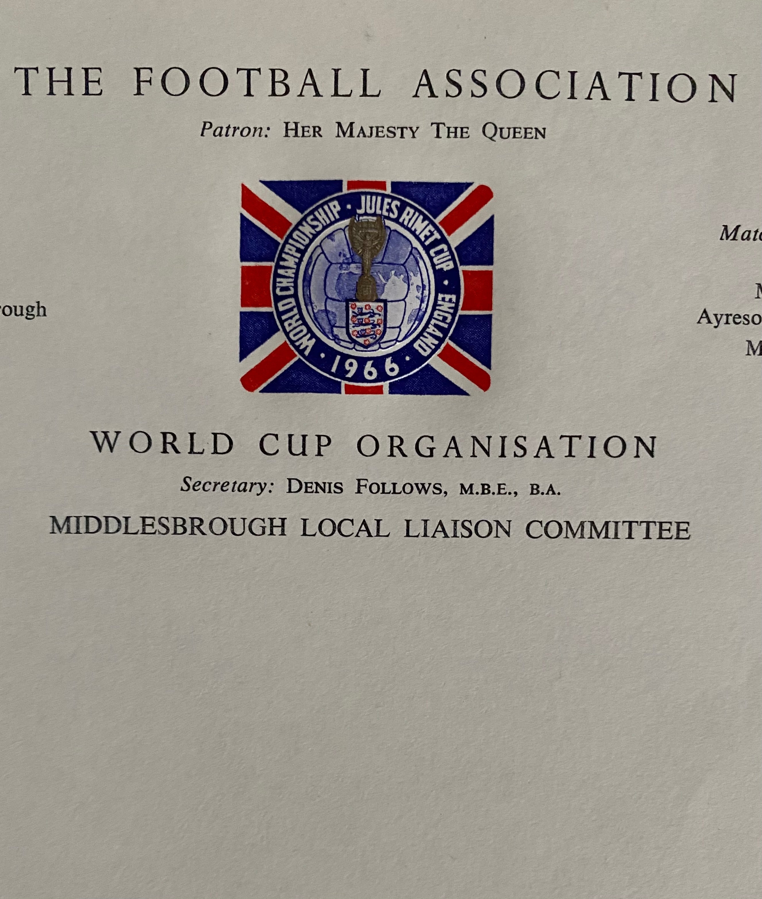 1966 WORLD CUP ORGANISATION ORIGINAL OFFICIAL UNUSED LETTER AYRESOME PARK