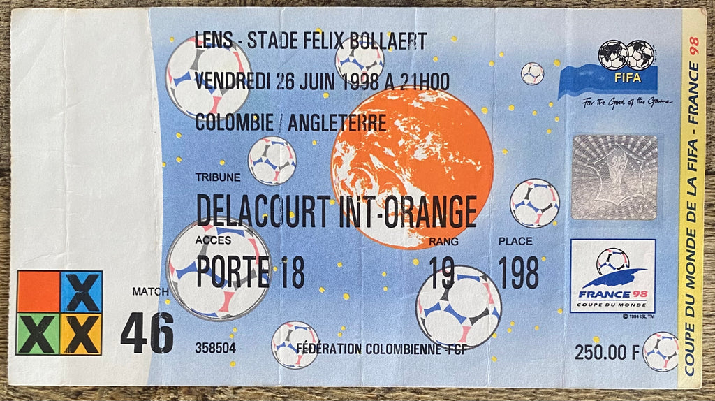 1998 ORIGINAL WORLD CUP 1ST ROUND TICKET ENGLAND V COLOMBIA @ LENS