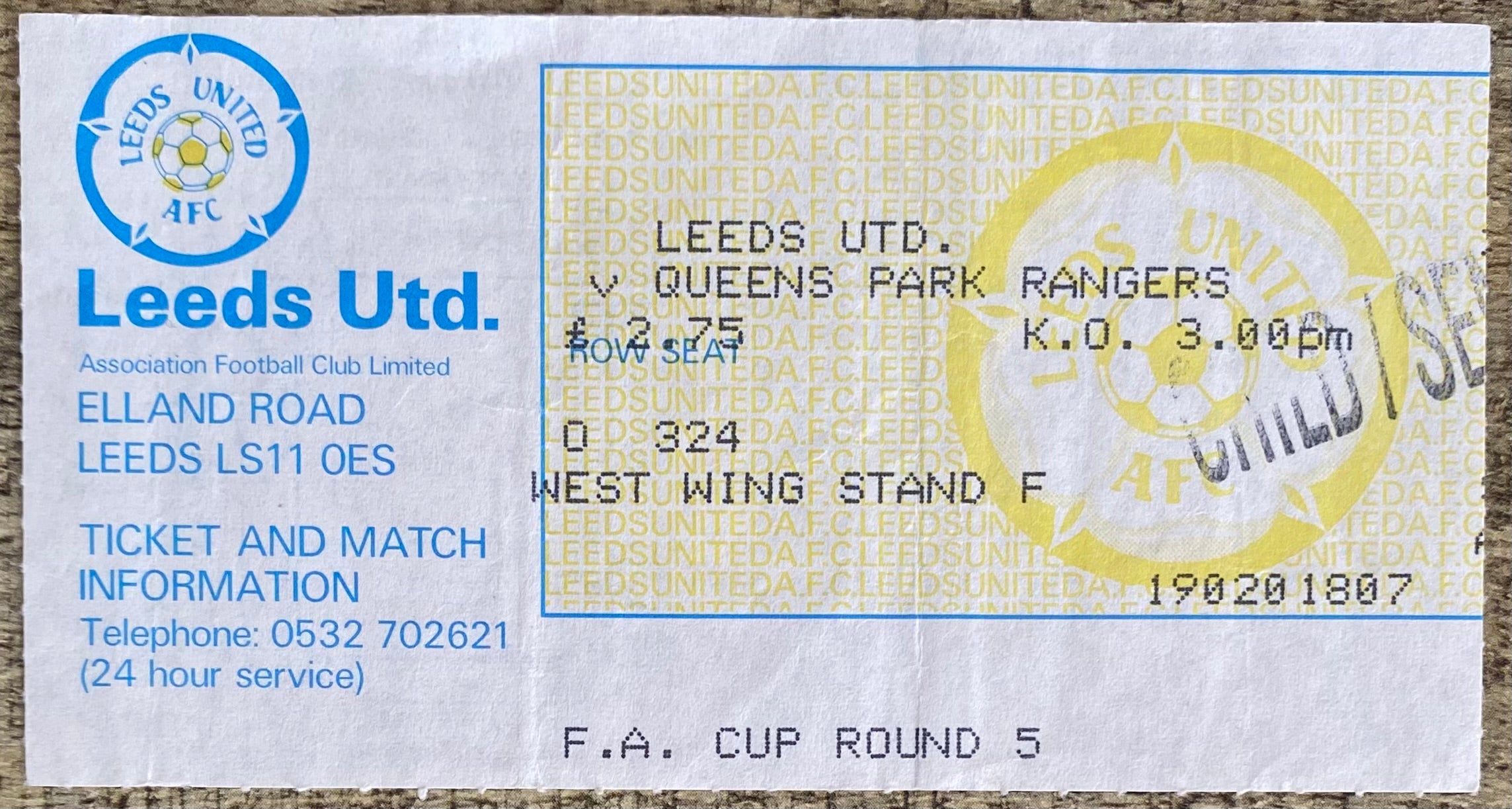 1986/87 ORIGINAL FA CUP 5TH ROUND TICKET LEEDS UNITED V QUEENS PARK RANGERS