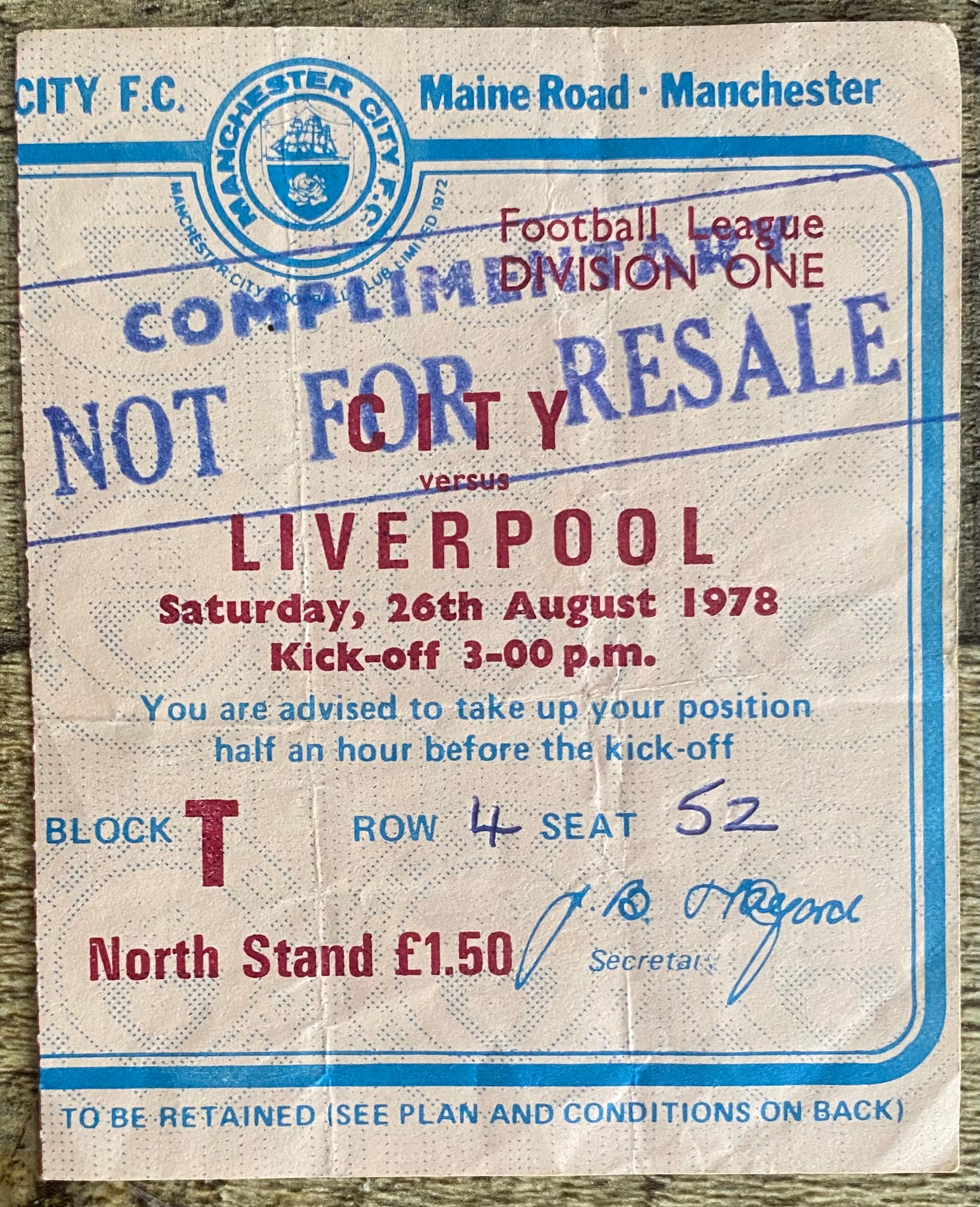 1978/79 ORIGINAL DIVISION ONE TICKET MANCHESTER CITY V LIVERPOOL