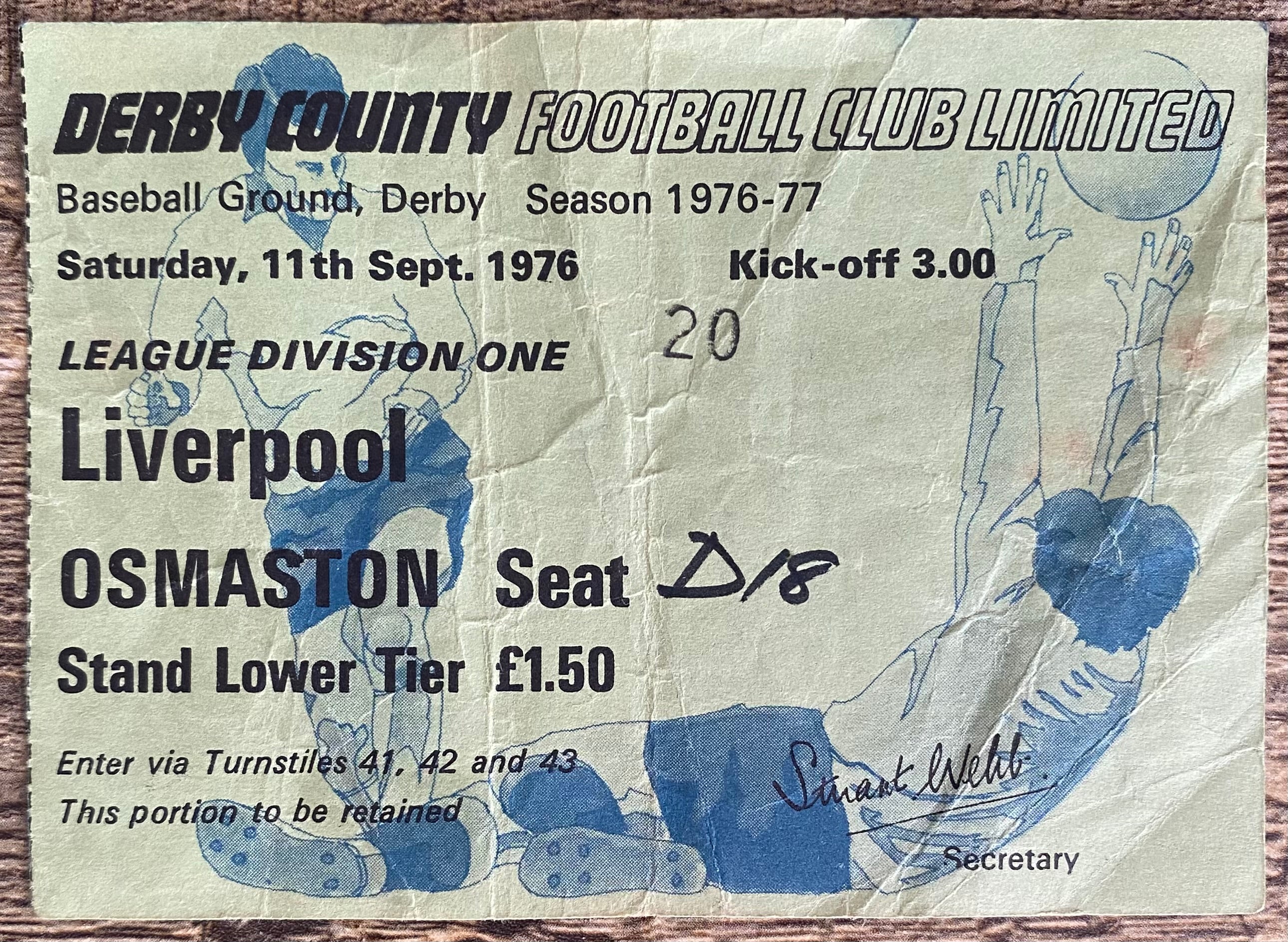 1976/77 ORIGINAL DIVISION 1 TICKET DERBY COUNTY V LIVERPOOL