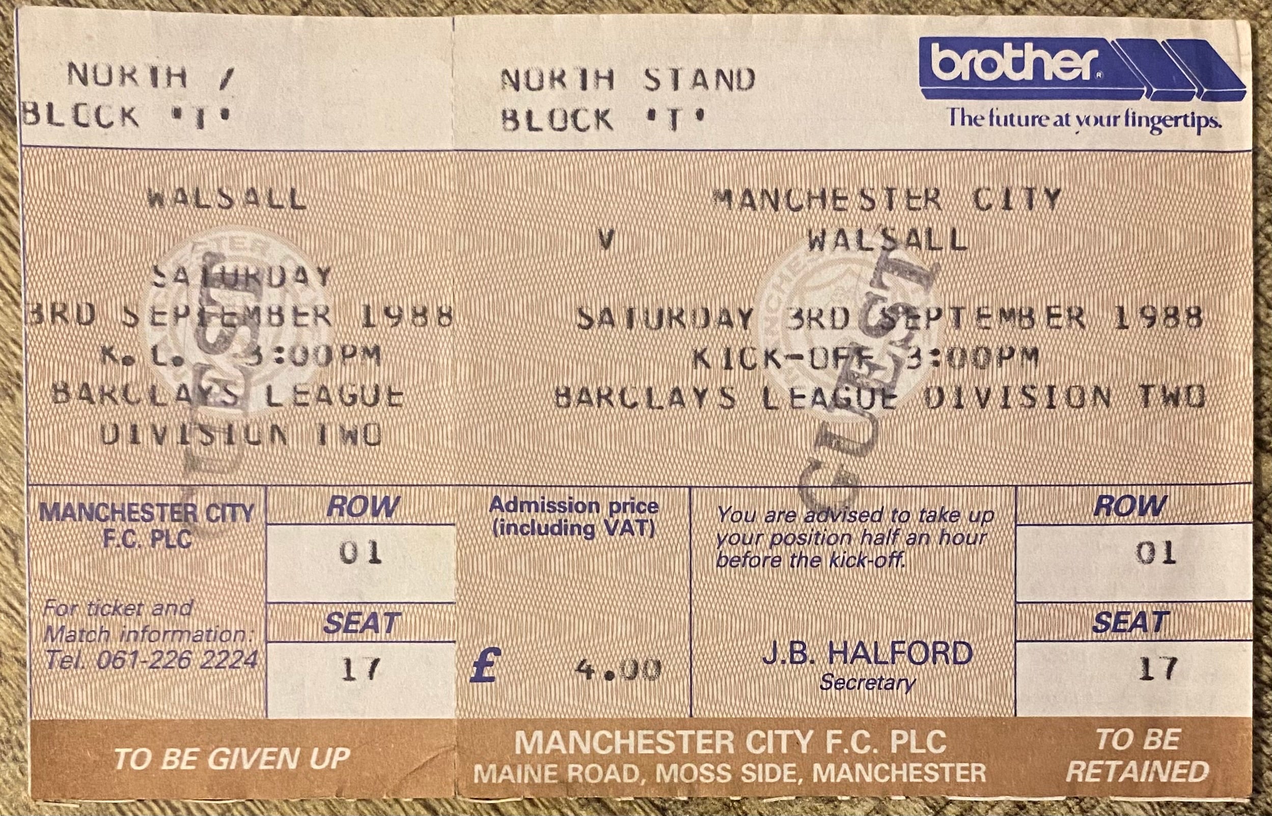 1988/89 ORIGINAL DIVISION 2 UNUSED TICKET MANCHESTER CITY V WALSALL