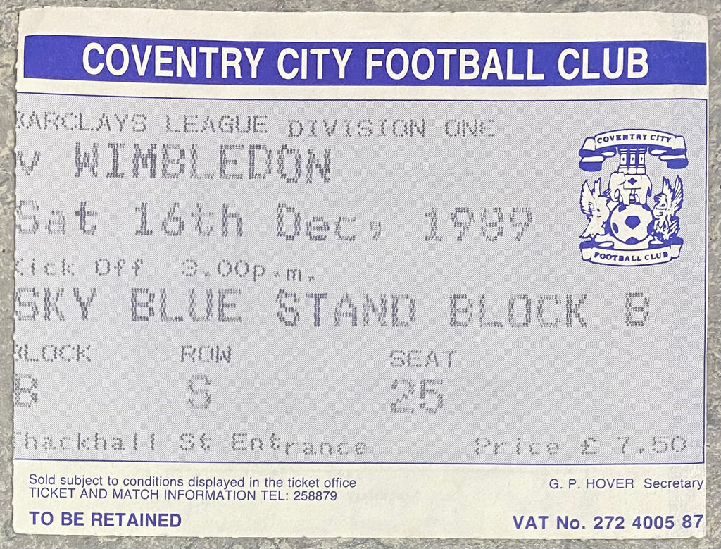 1989/90 ORIGINAL DIVISION ONE TICKET COVENTRY CITY V WIMBLEDON