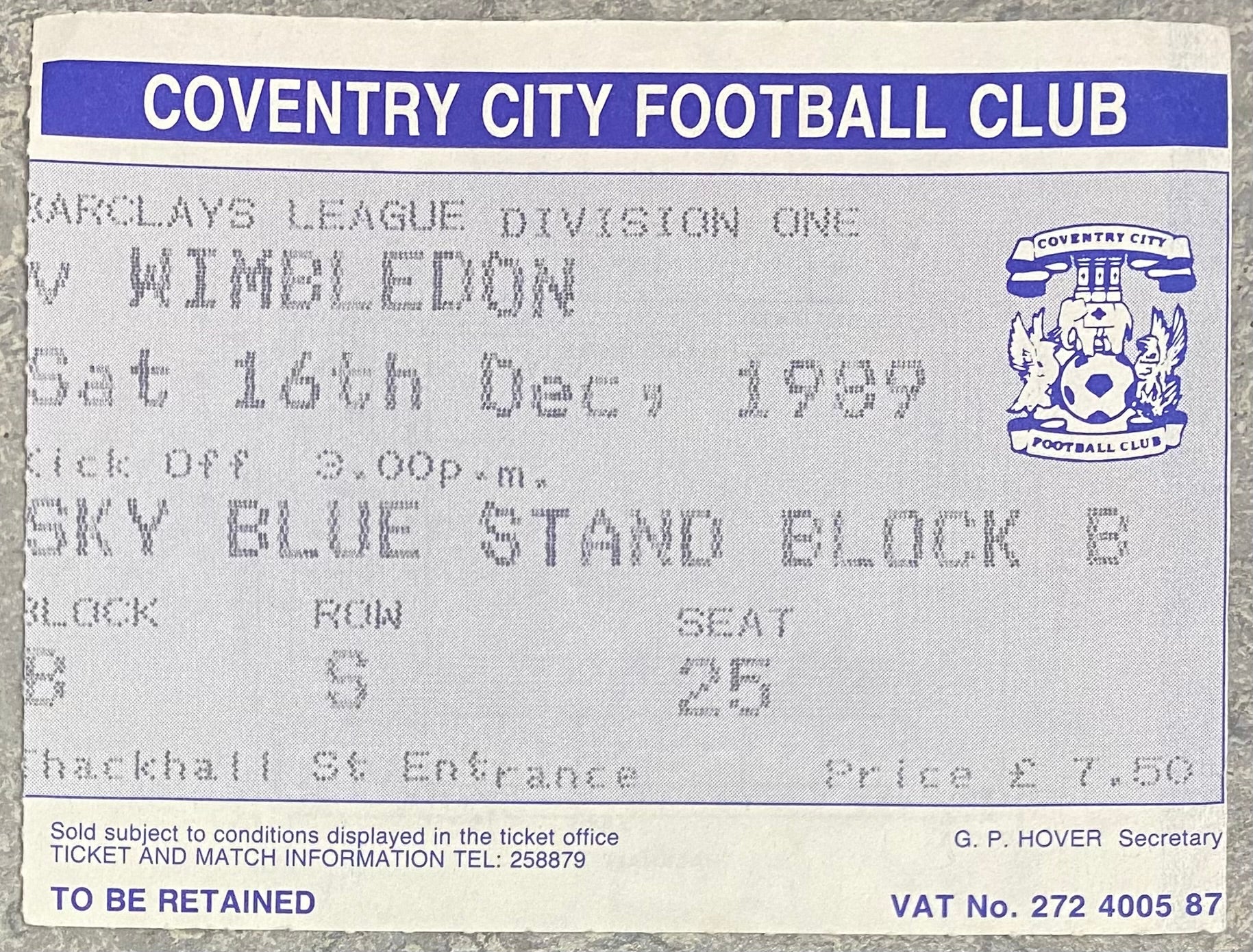 1989/90 ORIGINAL DIVISION ONE TICKET COVENTRY CITY V WIMBLEDON