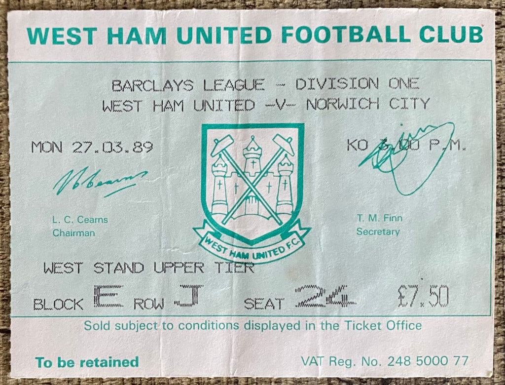 1988/89 ORIGINAL DIVISION ONE TICKET WEST HAM UNITED V NORWICH CITY