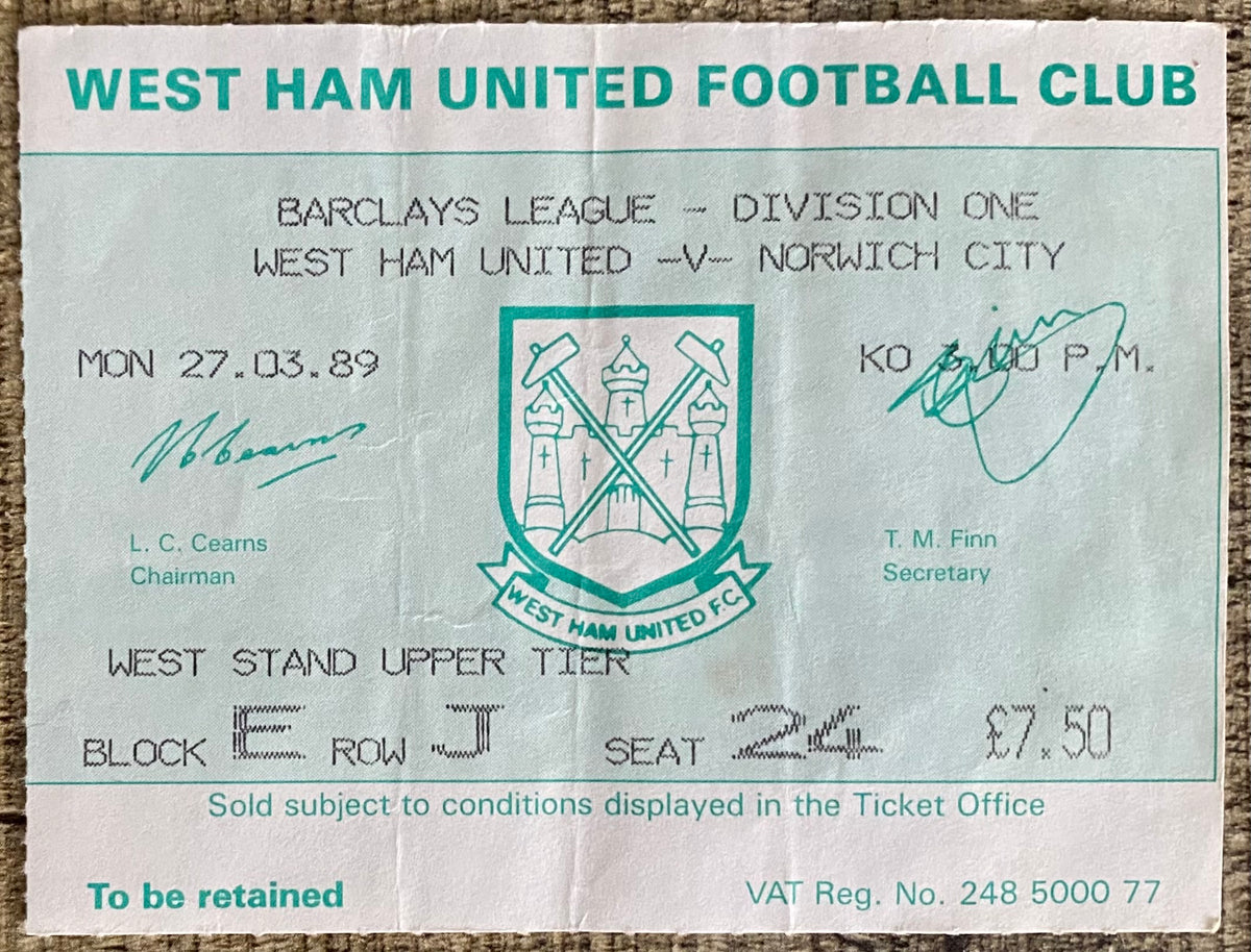 1988/89 ORIGINAL DIVISION ONE TICKET WEST HAM UNITED V NORWICH CITY