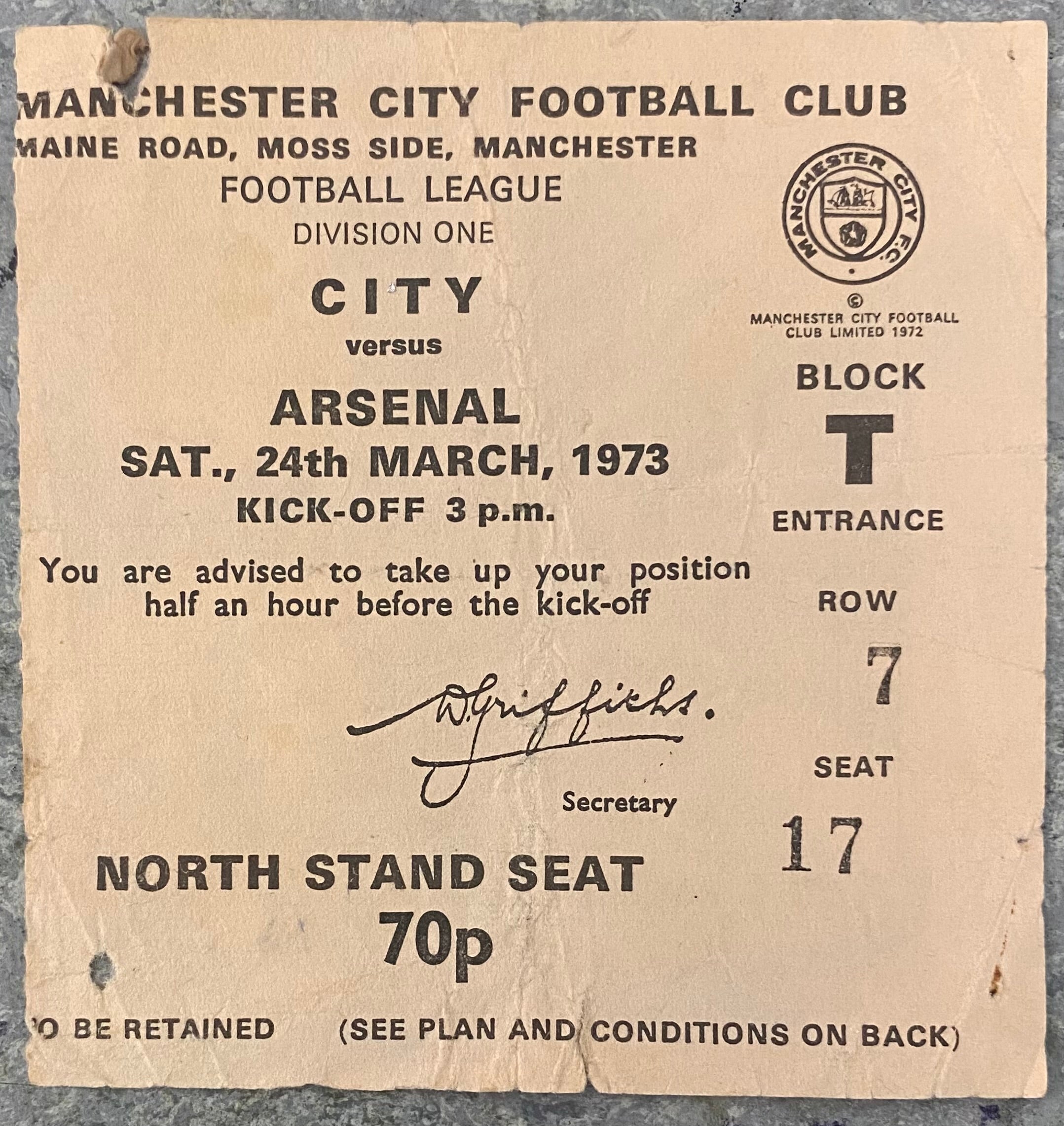 1972/73 ORIGINAL DIVISION 1 TICKET MANCHESTER CITY V ARSENAL