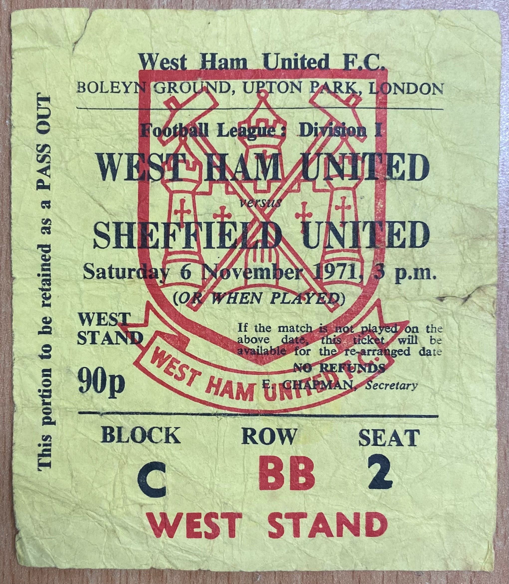 1971/72 ORIGINAL DIVISION 1 TICKET WEST HAM UNITED V SHEFFIELD UNITED