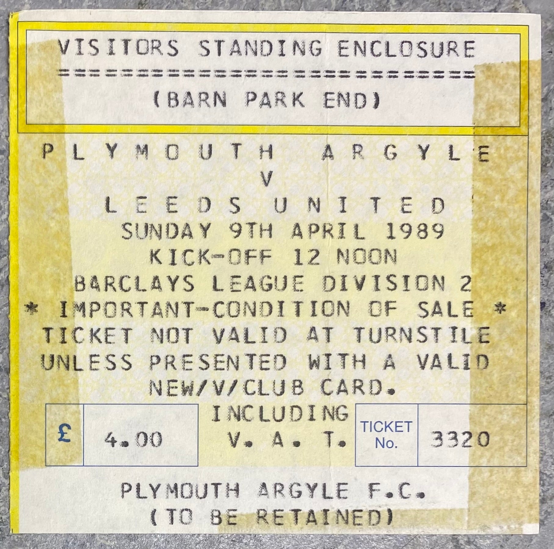1988/89 ORIGINAL DIVISION TWO TICKET PLYMOUTH ARGYLE V LEEDS UNITED