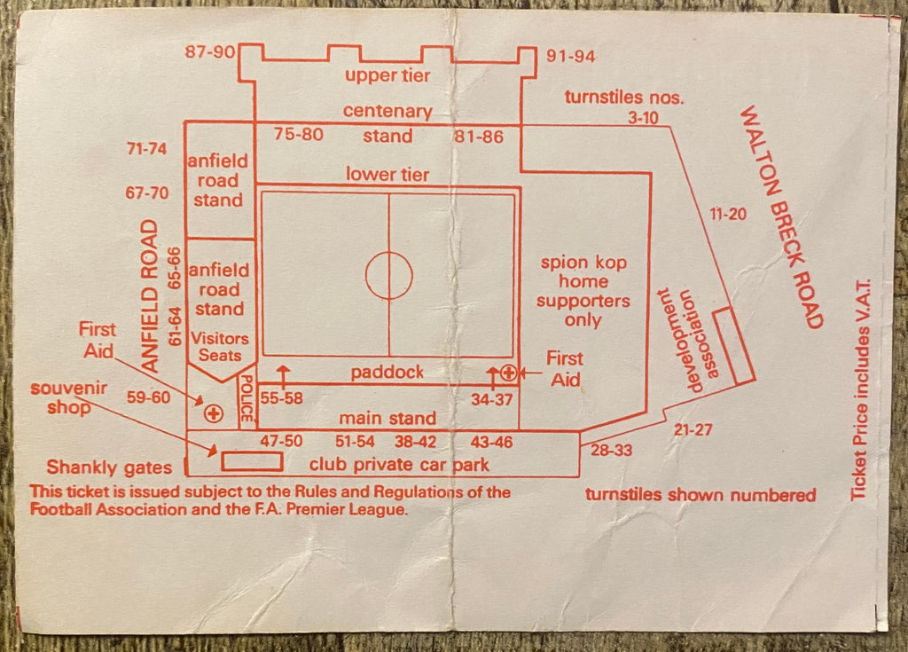 1993/94 ORIGINAL FA PREMIERSHIP TICKET LIVERPOOL V CHELSEA