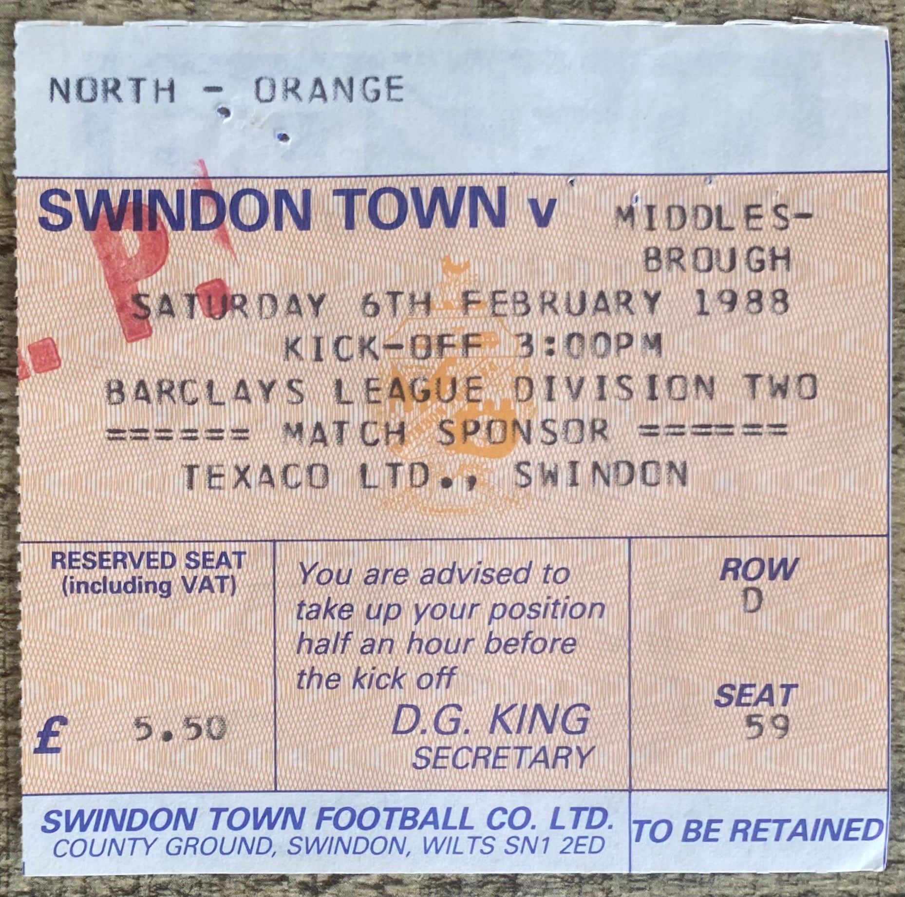 1987/88 ORIGINAL DIVISION 2 TICKET SWINDON TOWN V MIDDLESBROUGH