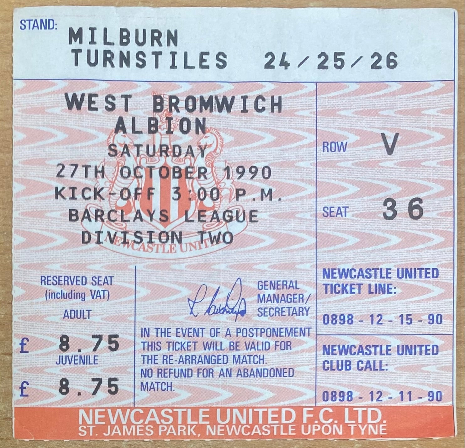 1990/91 ORIGINAL DIVISION 2 TICKET NEWCASTLE UNITED V WEST BROMWICH ALBION