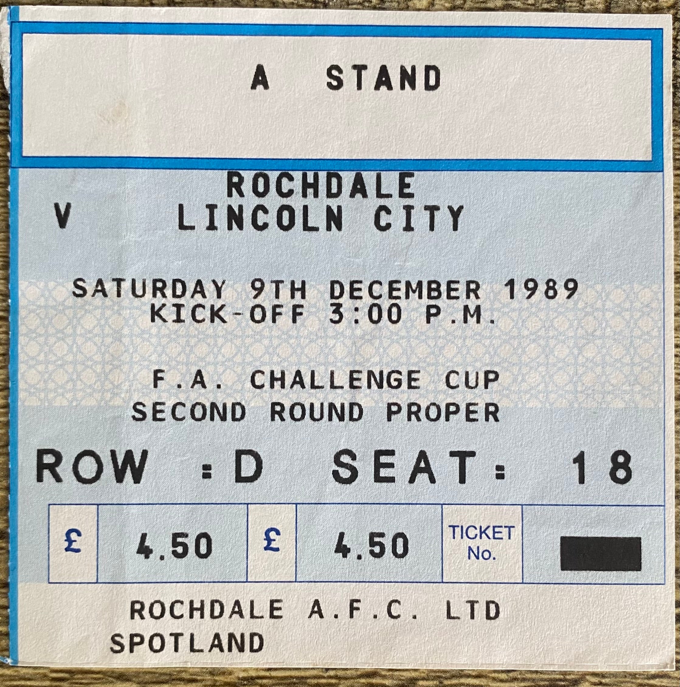 1989/90 ORIGINAL FA CUP 2ND ROUND TICKET ROCHDALE V LINCOLN CITY