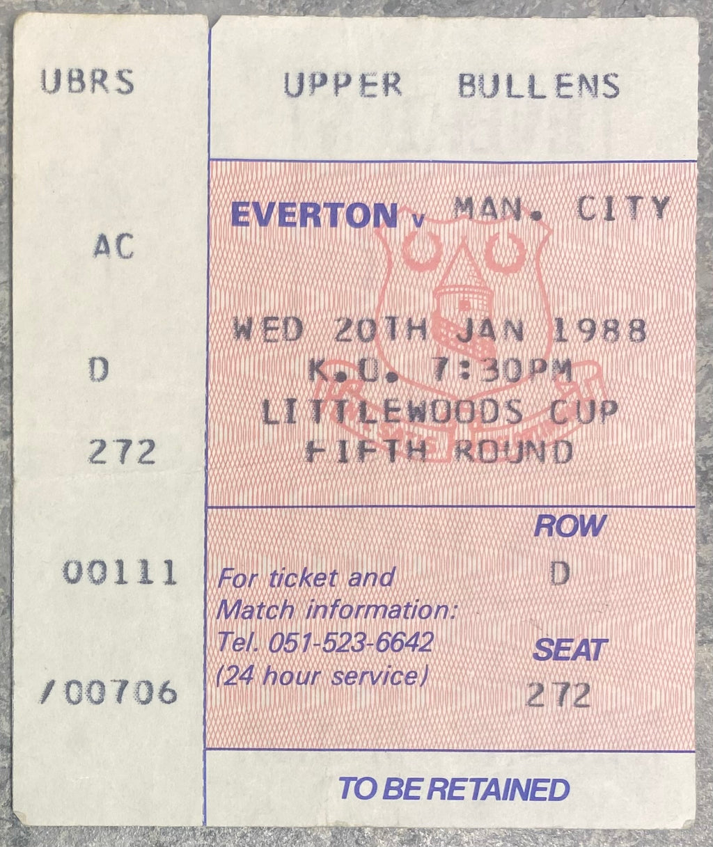 1987/88 ORIGINAL LITTLEWOODS CUP 5TH ROUND TICKET EVERTON V MANCHESTER CITY