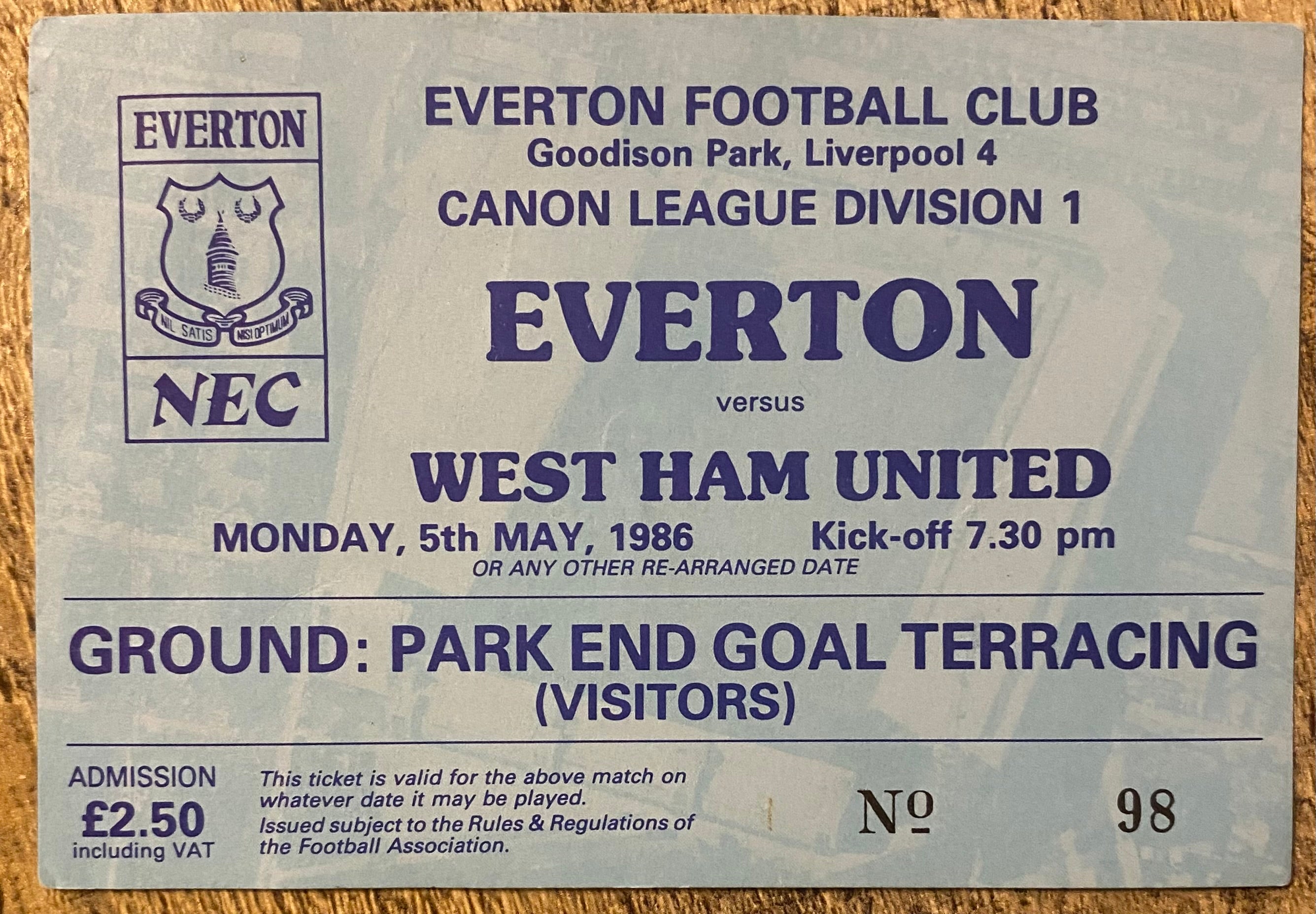 1985/86 ORIGINAL DIVISION ONE TICKET EVERTON V WEST HAM UNITED