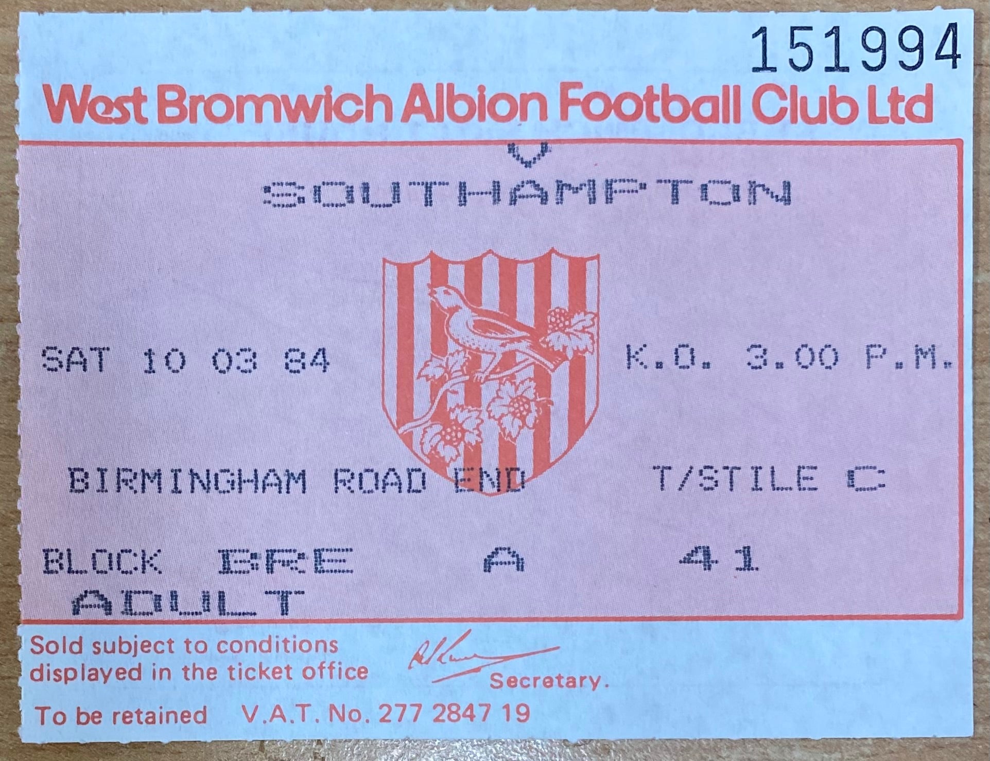 1983/84 ORIGINAL DIVISION 1 TICKET WEST BROMWICH ALBION V SOUTHAMPTON