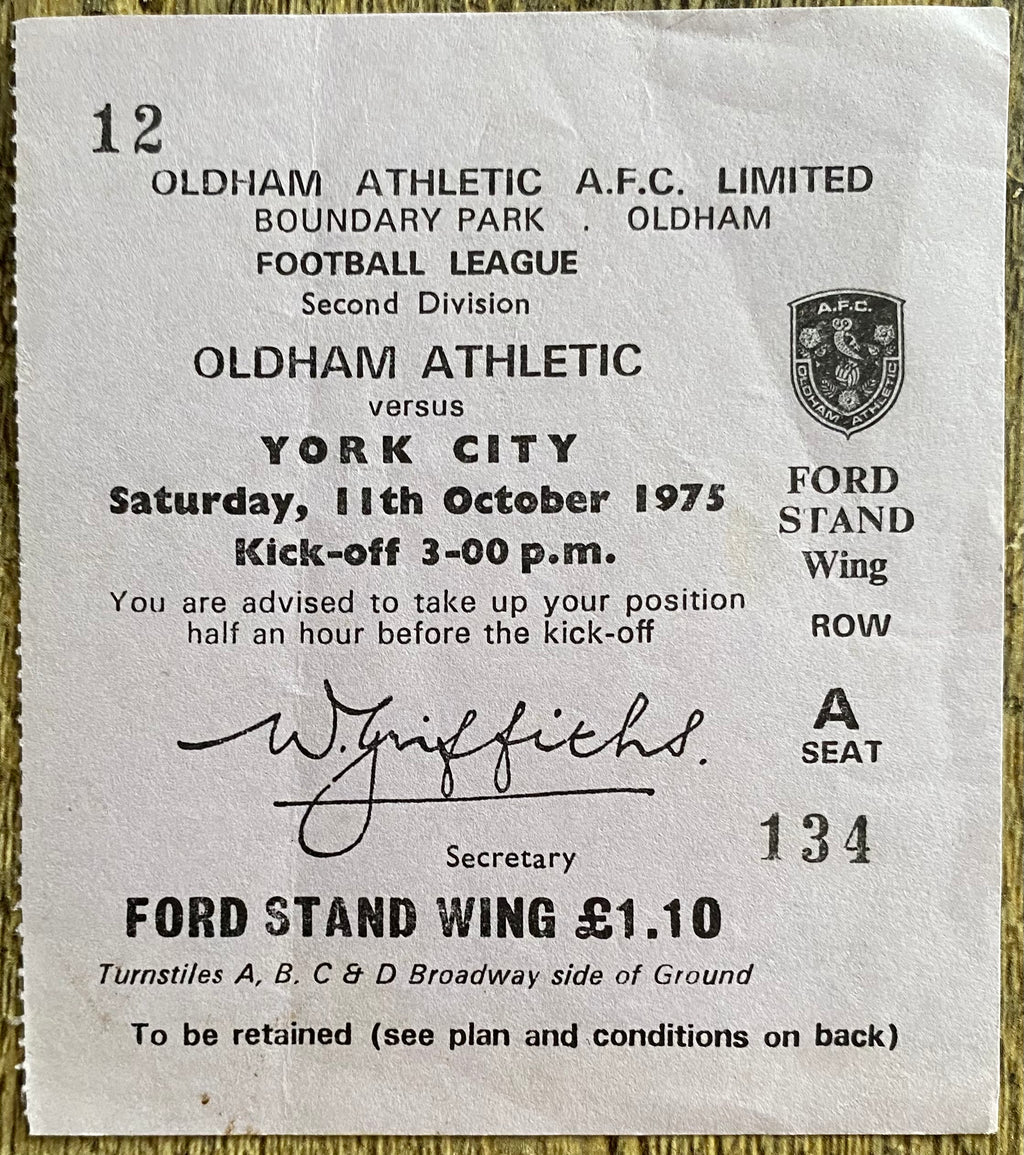 1975/76 ORIGINAL DIVISION 2 TICKET OLDHAM ATHLETIC V YORK CITY