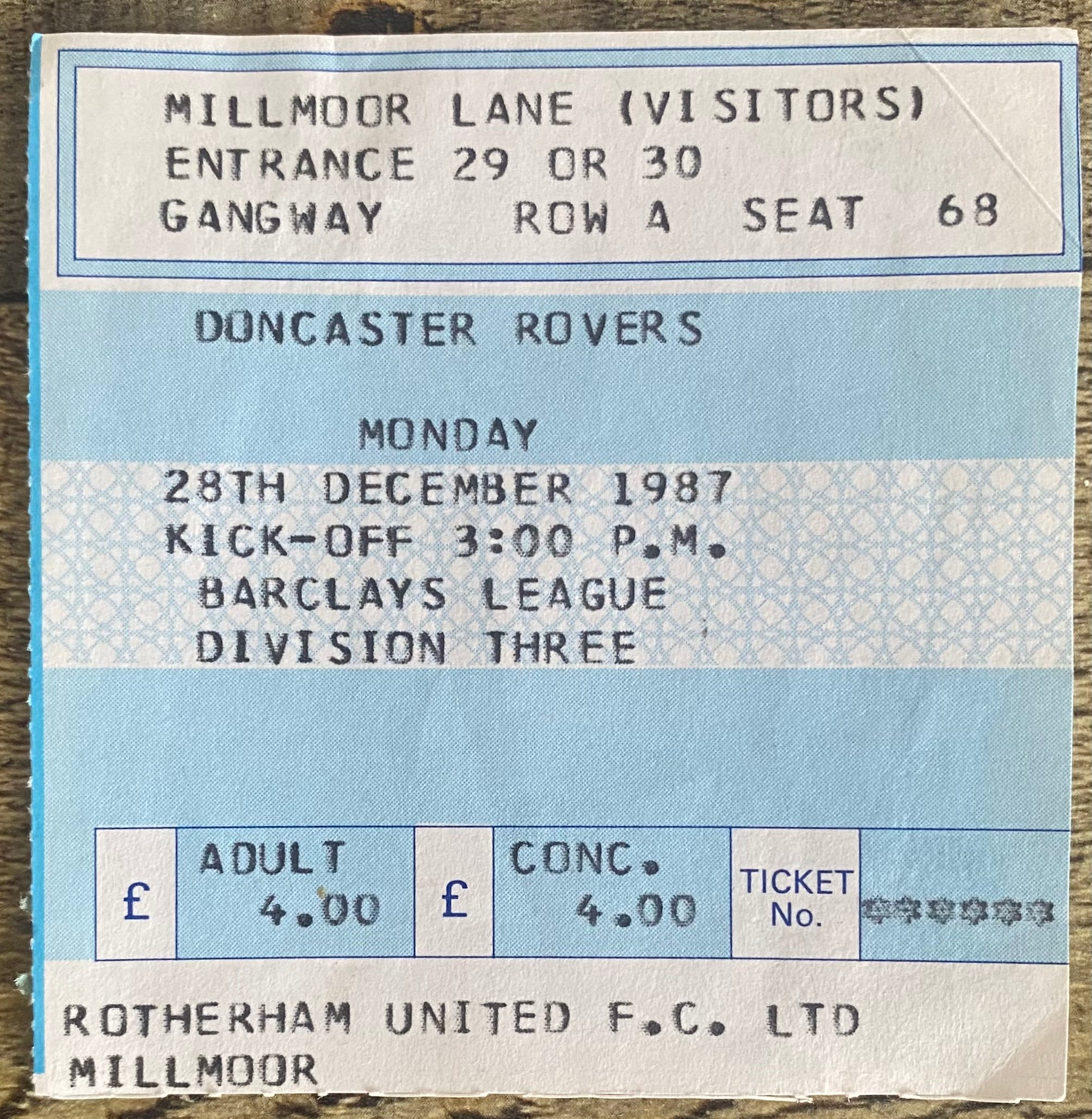 1987/88 ORIGINAL DIVISION 3 TICKET ROTHERHAM UNITED V DONCASTER ROVERS