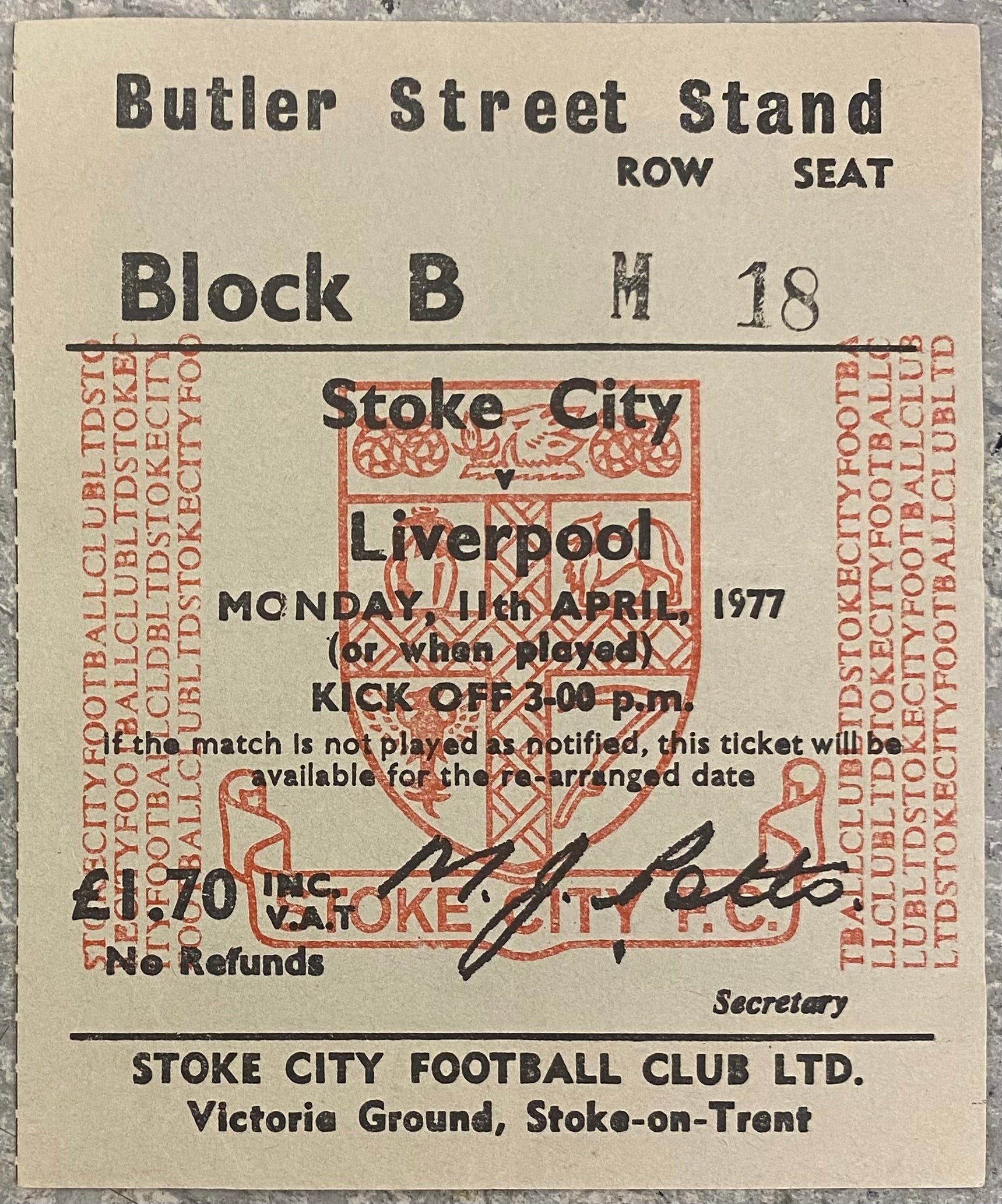 1976/77 ORIGINAL DIVISION ONE TICKET STOKE CITY V LIVERPOOL