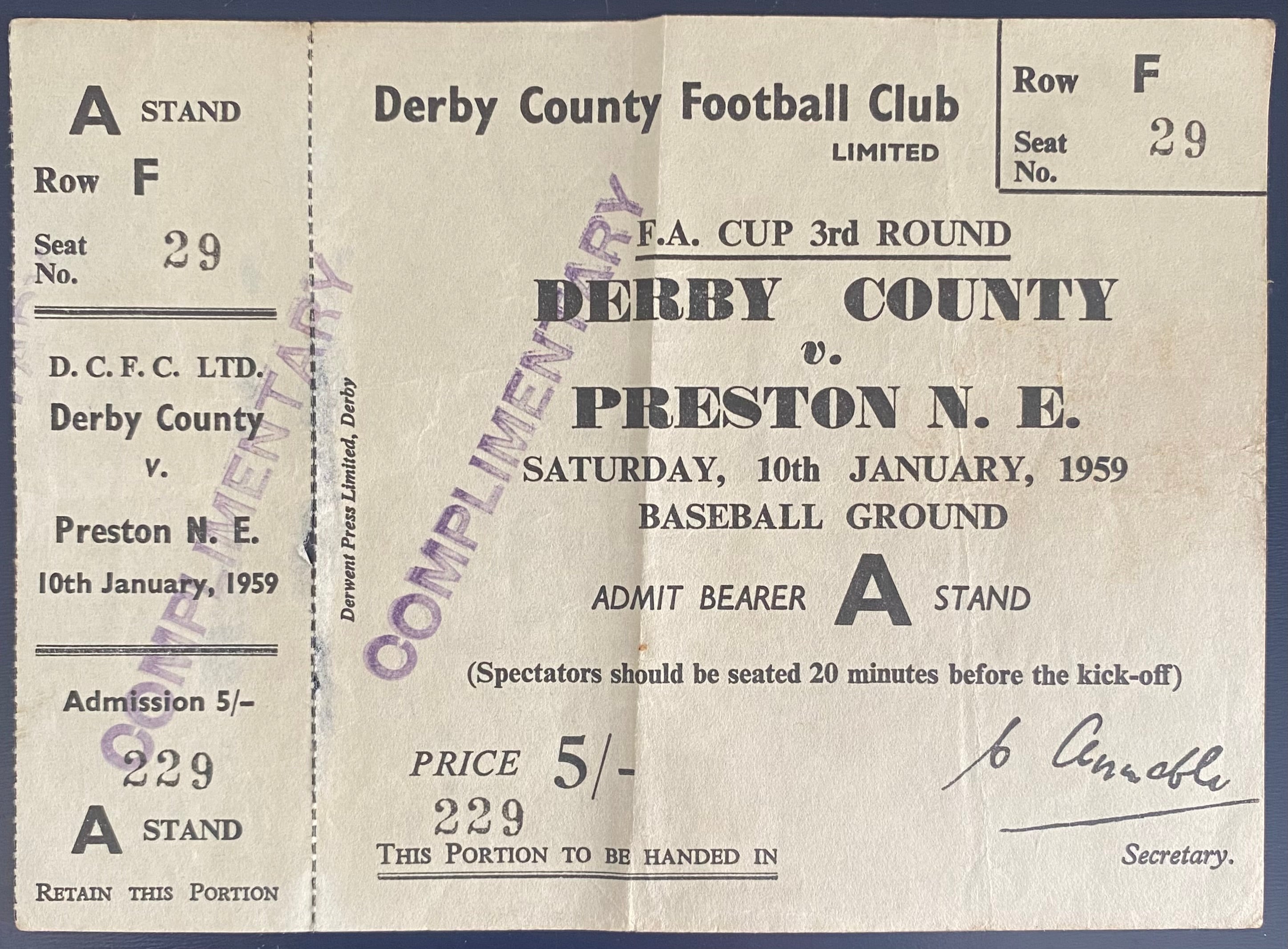 1958/59 ORIGINAL FA CUP 3RD ROUND UNUSED TICKET DERBY COUNTY V PRESTON NORTH END