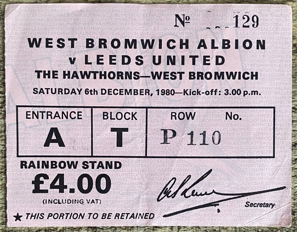 1980/81 ORIGINAL DIVISION 1 TICKET WEST BROMWICH ALBION V LEEDS UNITED