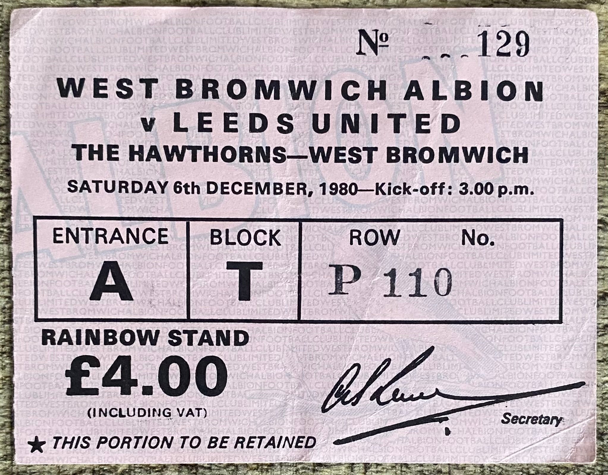 1980/81 ORIGINAL DIVISION 1 TICKET WEST BROMWICH ALBION V LEEDS UNITED