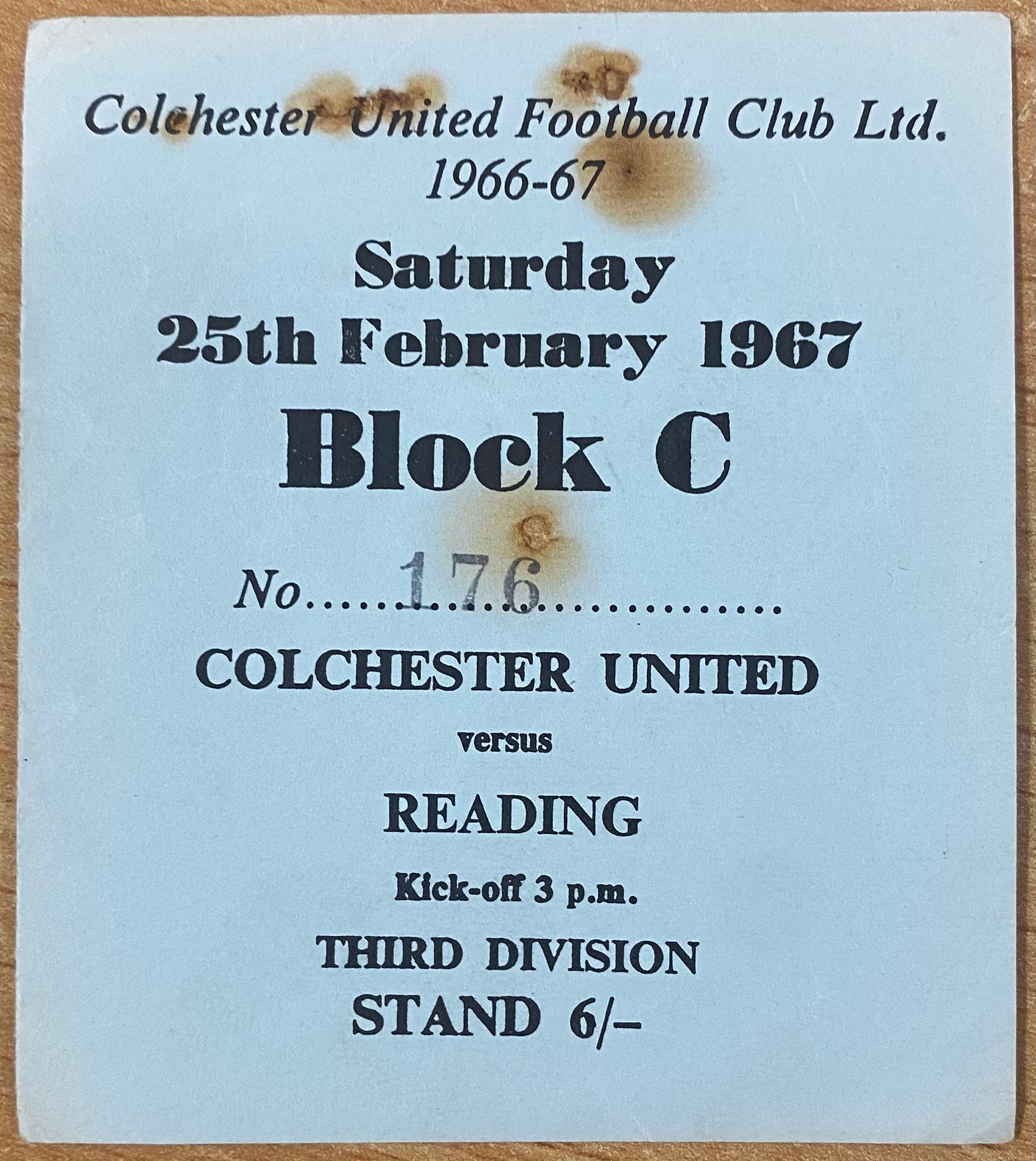 1966/67 ORIGINAL DIVISION 3 TICKET COLCHESTER UNITED V READING