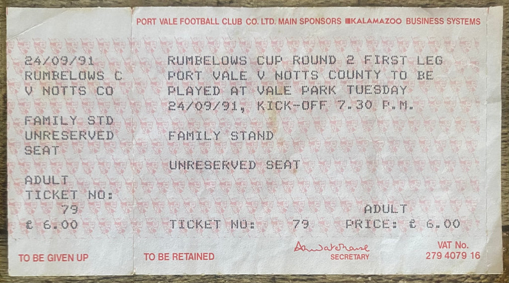 1991/92 ORIGINAL RUMBELOWS CUP 2ND ROUND 1ST LEG UNUSED TICKET PORT VALE V NOTTS COUNTY