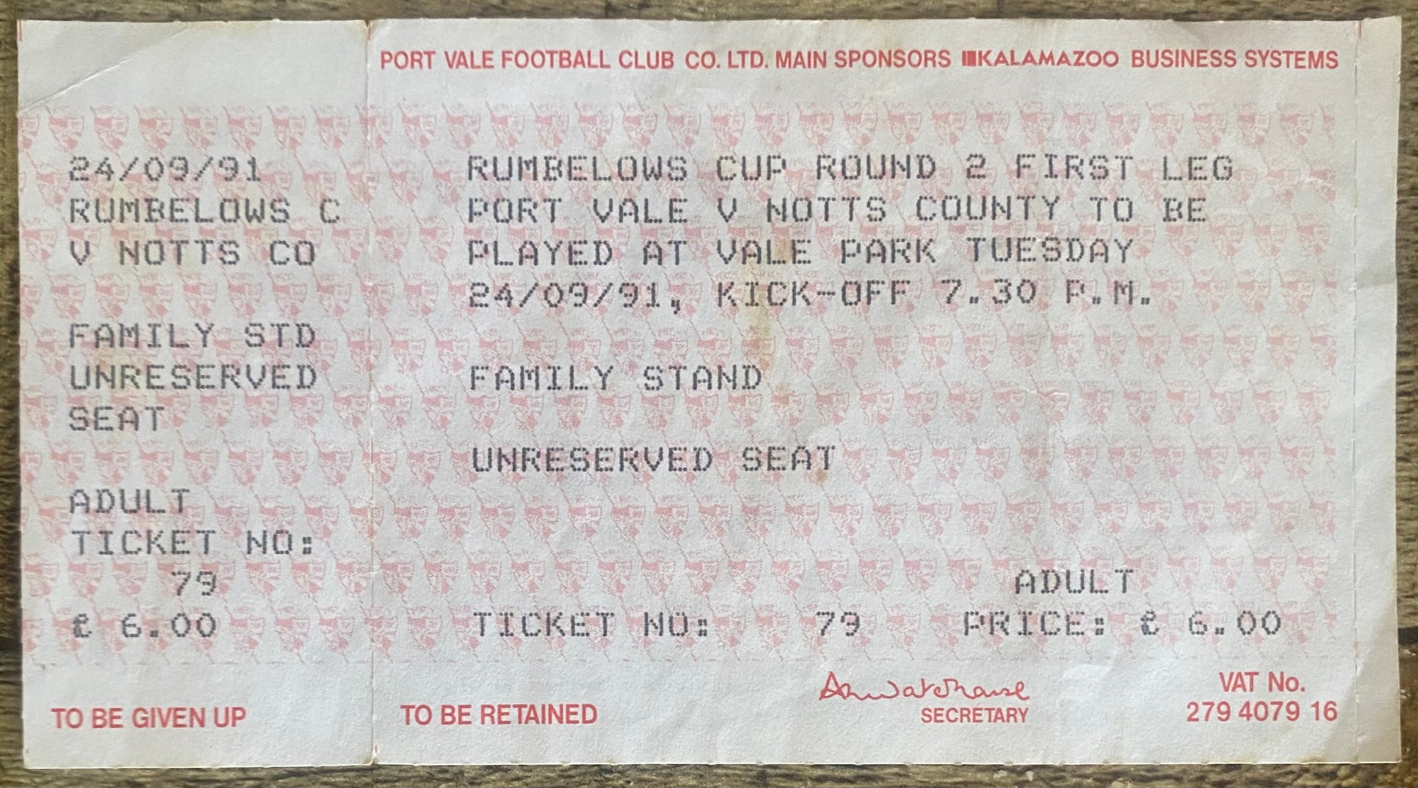 1991/92 ORIGINAL RUMBELOWS CUP 2ND ROUND 1ST LEG UNUSED TICKET PORT VALE V NOTTS COUNTY