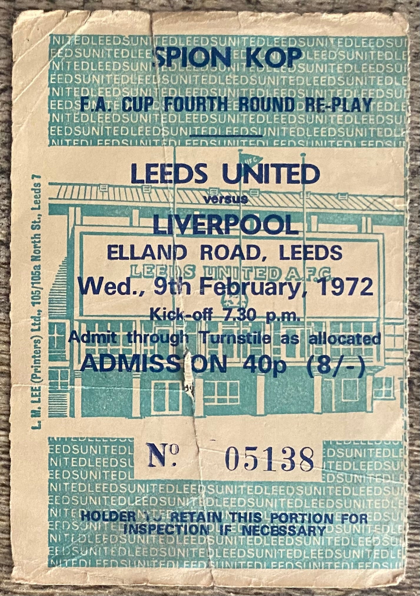 1971/72 ORIGINAL FA CUP 4TH ROUND REPLAY TICKET LEEDS UNITED V LIVERPOOL