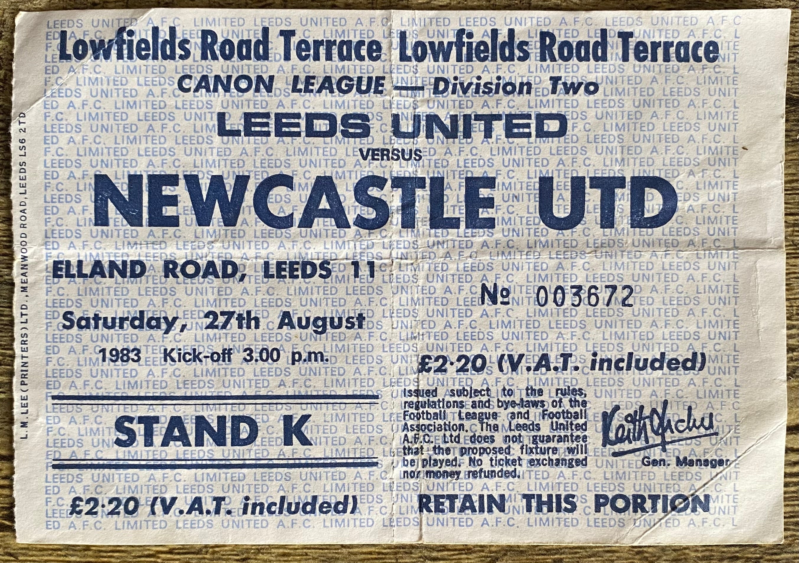 1983/84 ORIGINAL DIVISION 2 UNUSED TICKET LEEDS UNITED V NEWCASTLE UNITED
