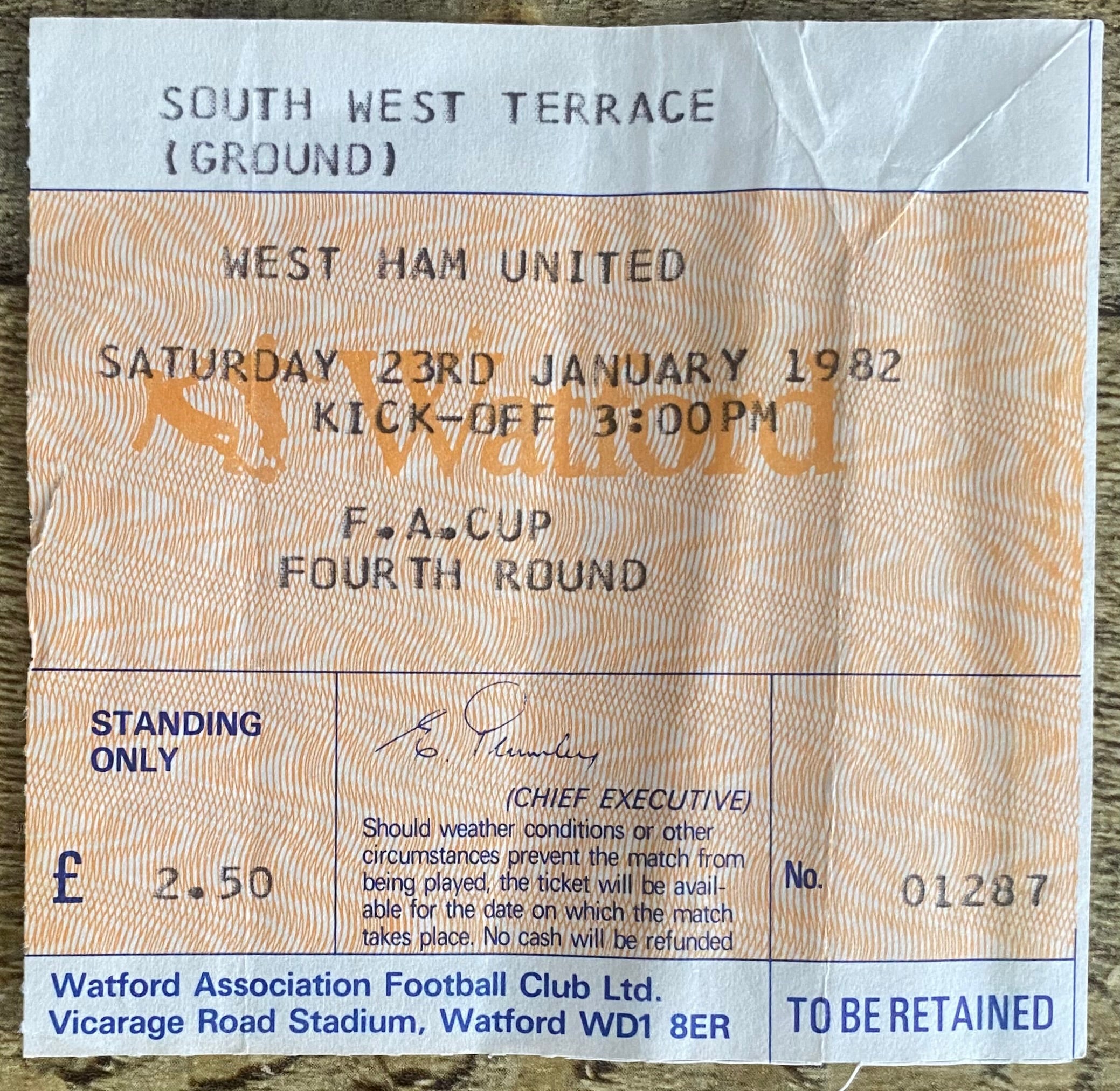 1981/82 ORIGINAL FA CUP 4TH ROUND TICKET WATFORD V WEST HAM UNITED