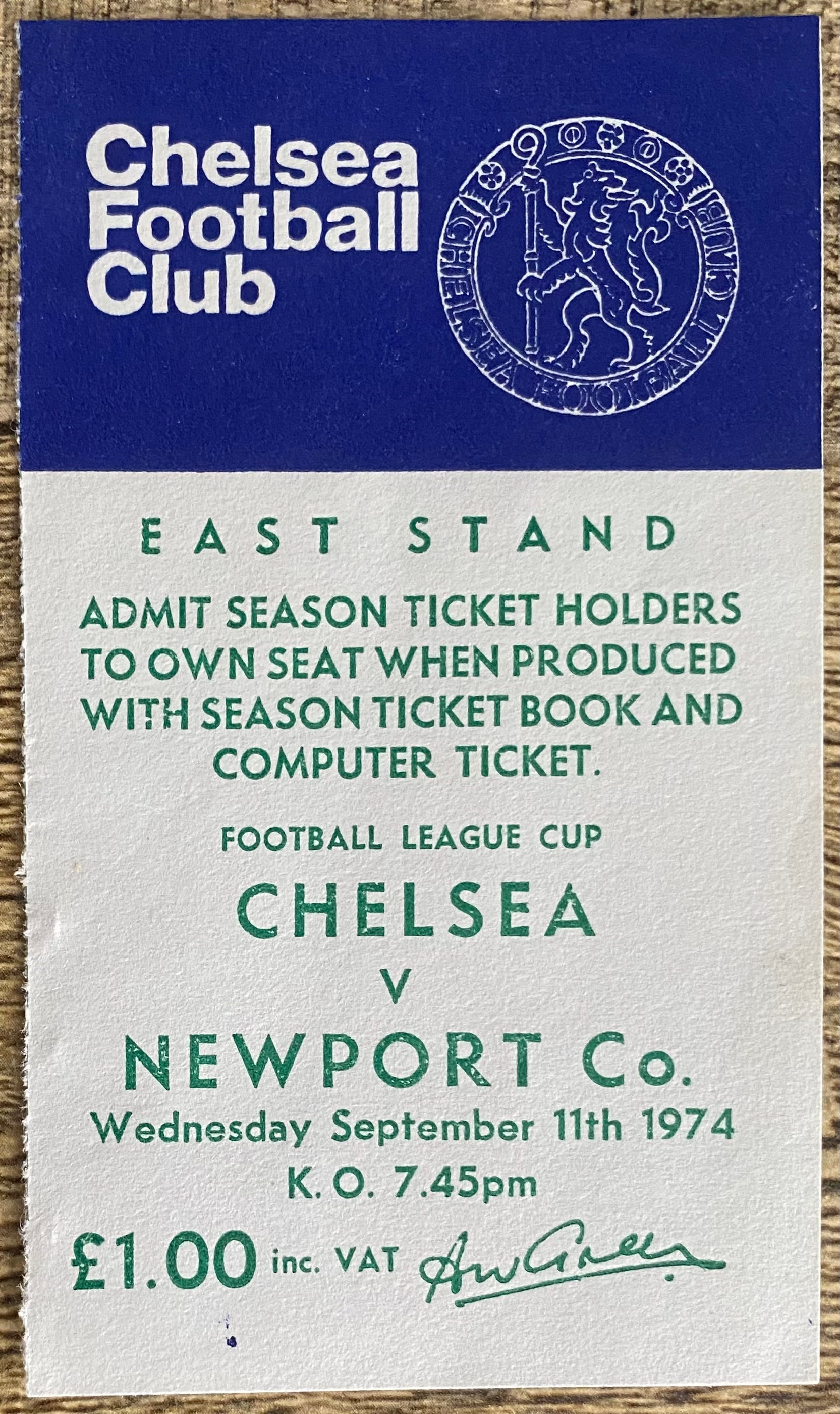 1974/75 ORIGINAL LEAGUE CUP 2ND ROUND TICKET CHELSEA V NEWPORT COUNTY