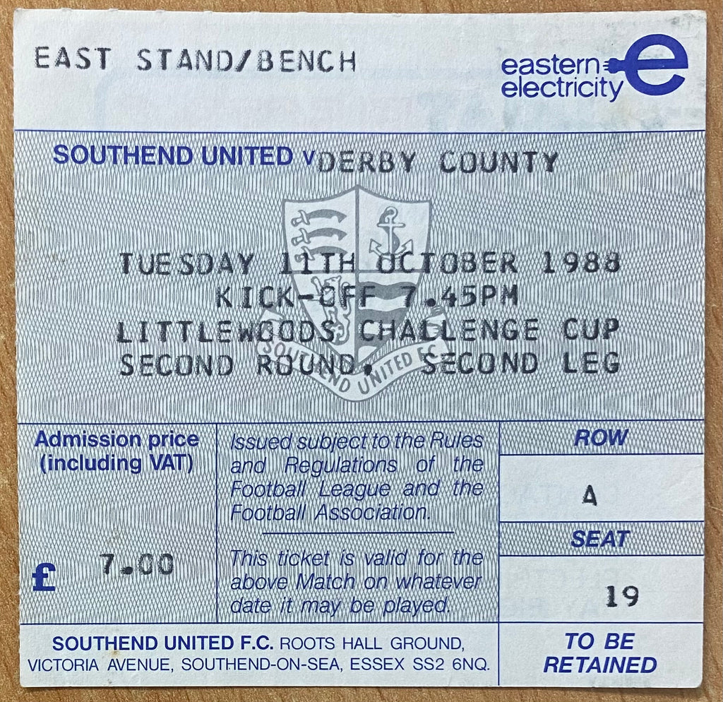 1988/89 ORIGINAL LITTLEWOODS CUP 2ND ROUND 2ND LEG TICKET SOUTHEND UNITED V DERBY COUNTY