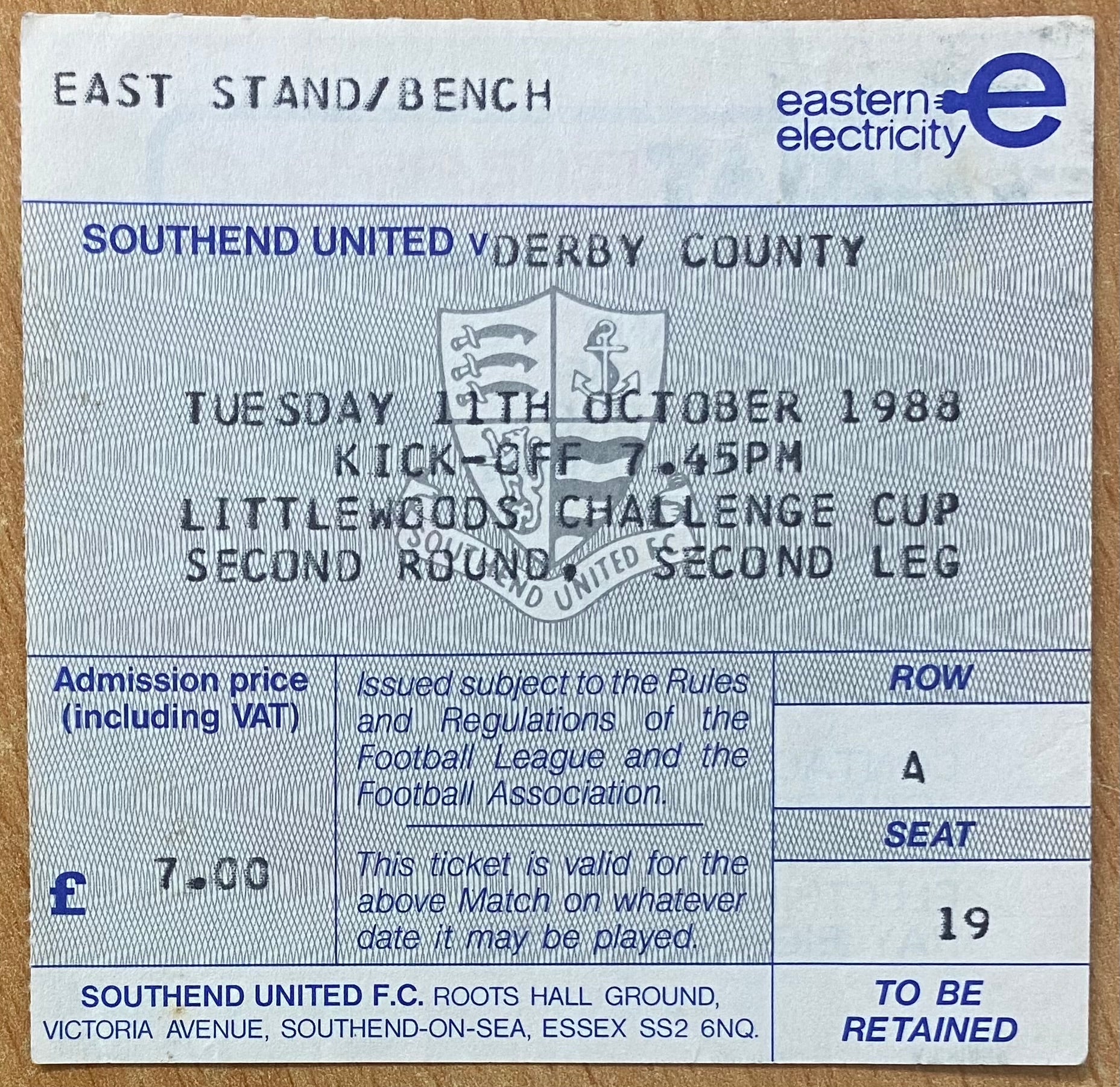 1988/89 ORIGINAL LITTLEWOODS CUP 2ND ROUND 2ND LEG TICKET SOUTHEND UNITED V DERBY COUNTY