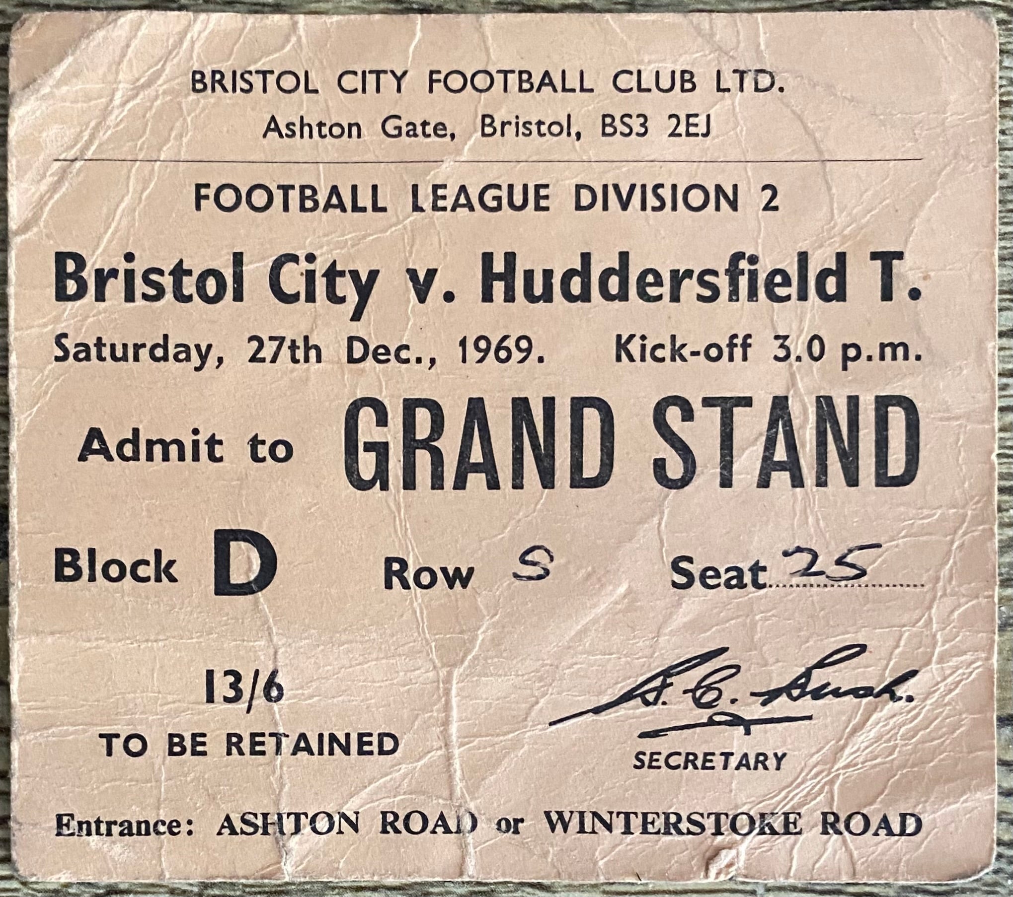 1969/70 ORIGINAL DIVISION 2 TICKET BRISTOL CITY V HUDDERSFIELD TOWN