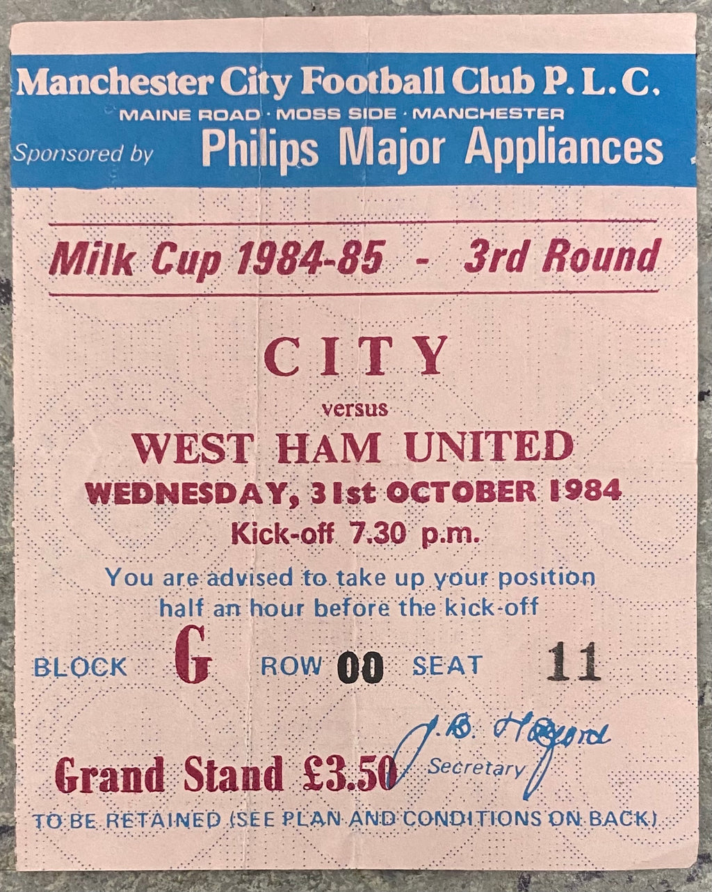 1984/85 ORIGINAL MILK CUP 3RD ROUND TICKET MANCHESTER CITY V WEST HAM UNITED