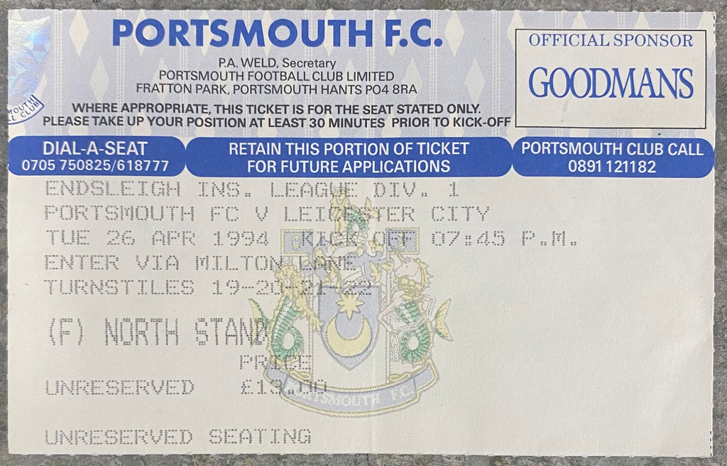 1993/94 ORIGINAL DIVISION 1 TICKET PORTSMOUTH V LEICESTER CITY