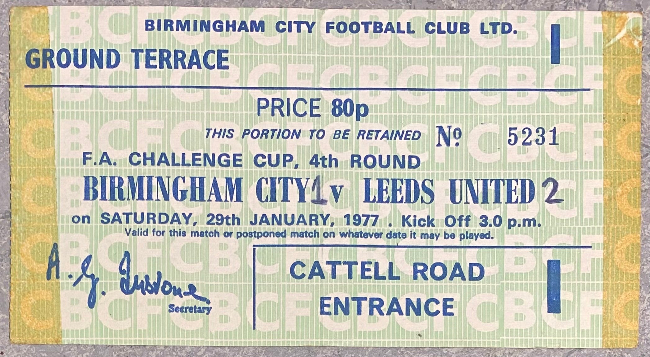 1976/77 ORIGINAL FA CUP 4TH ROUND TICKET BIRMINGHAM CITY V LEEDS UNITED