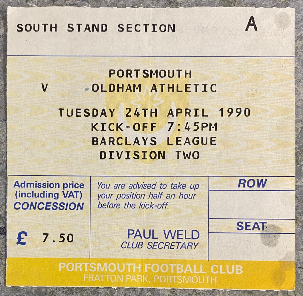 1989/90 ORIGINAL DIVISION 2 TICKET PORTSMOUTH V OLDHAM ATHLETIC