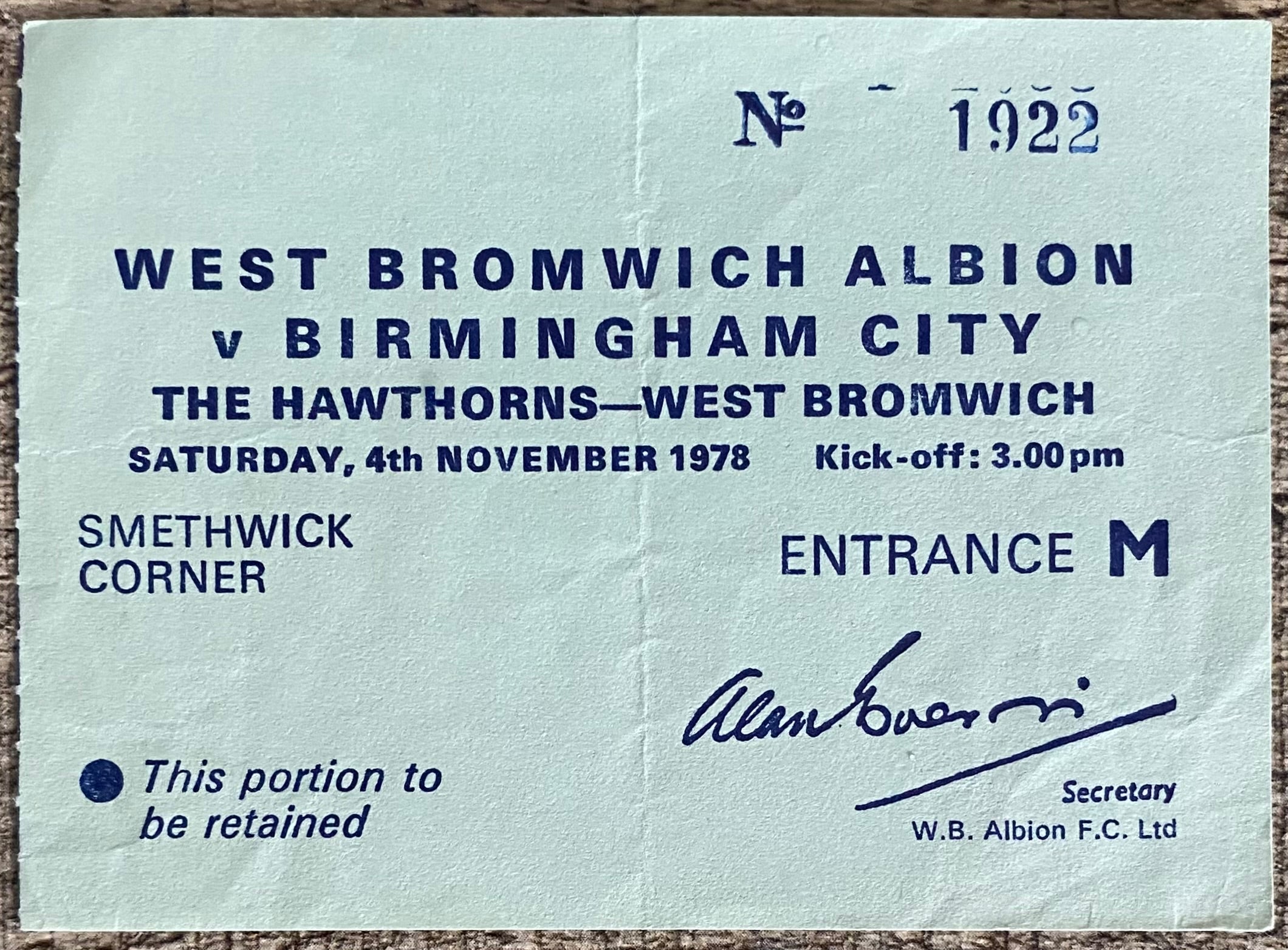 1978/79 ORIGINAL DIVISION 1 TICKET WEST BROMWICH ALBION V BIRMINGHAM CITY