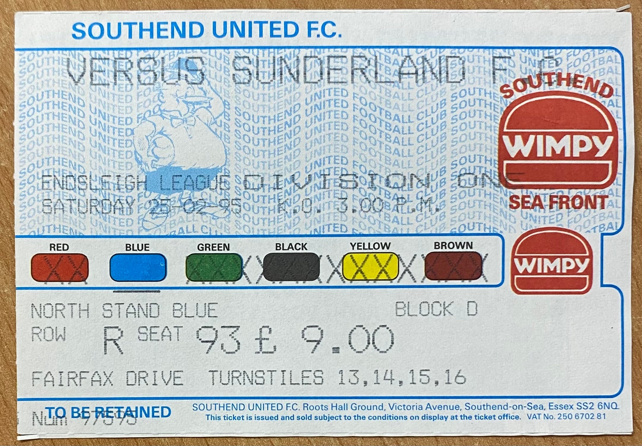1994/95 ORIGINAL DIVISION 1 TICKET SOUTHEND UNITED V SUNDERLAND