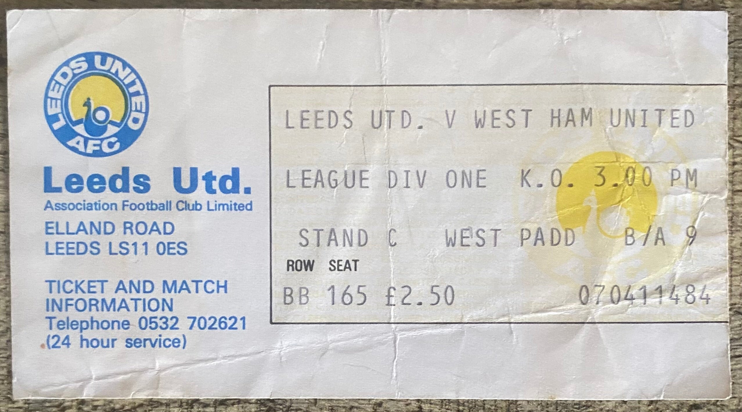 1977/78 ORIGINAL DIVISION ONE TICKET LEEDS UNITED V WEST HAM UNITED