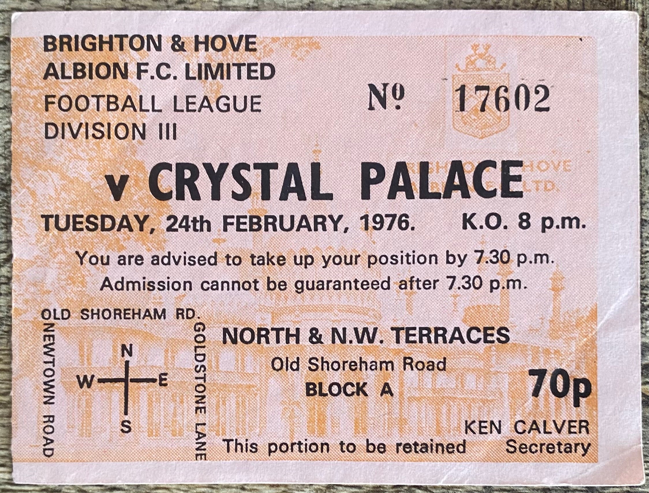 1975/76 ORIGINAL DIVISION 3 TICKET BRIGHTON AND HOVE ALBION V CRYSTAL PALACE