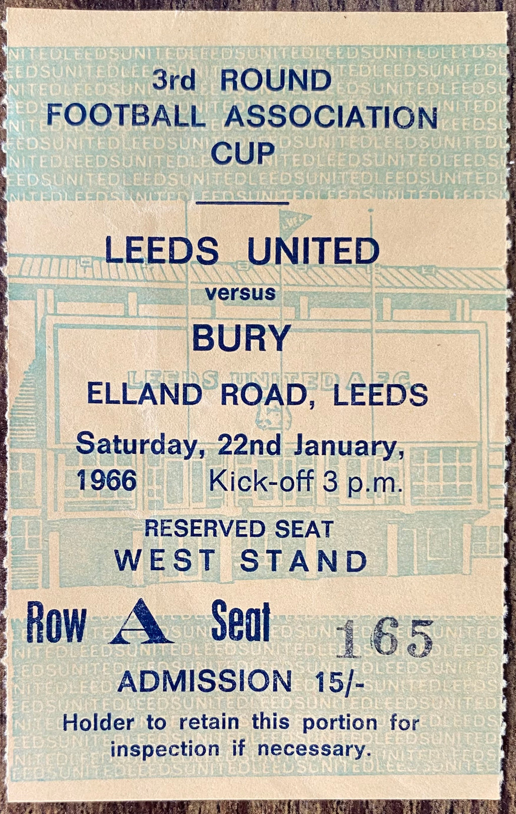 1965/66 ORIGINAL FA CUP 3RD ROUND TICKET LEEDS UNITED V BURY